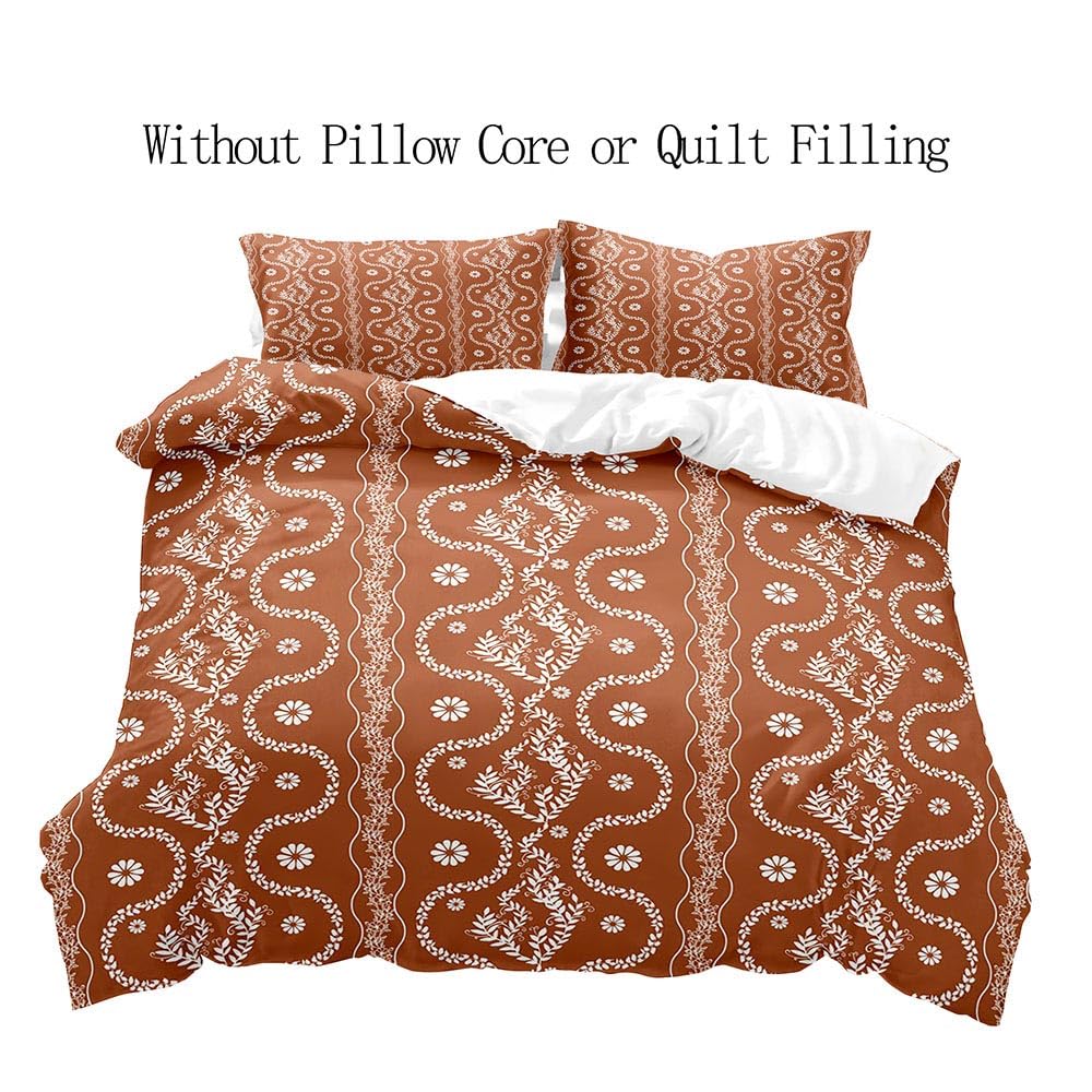 LUVIVIHOME 3PCS Burnt Orange Boho Duvet Cover King Bedding Set, Terracotta Duvet Cover, White Botanical Leaves Plant Floral Bedding, Country Rustic Farmhouse Bohemian Comforter Cover, 2 Pillow Cases