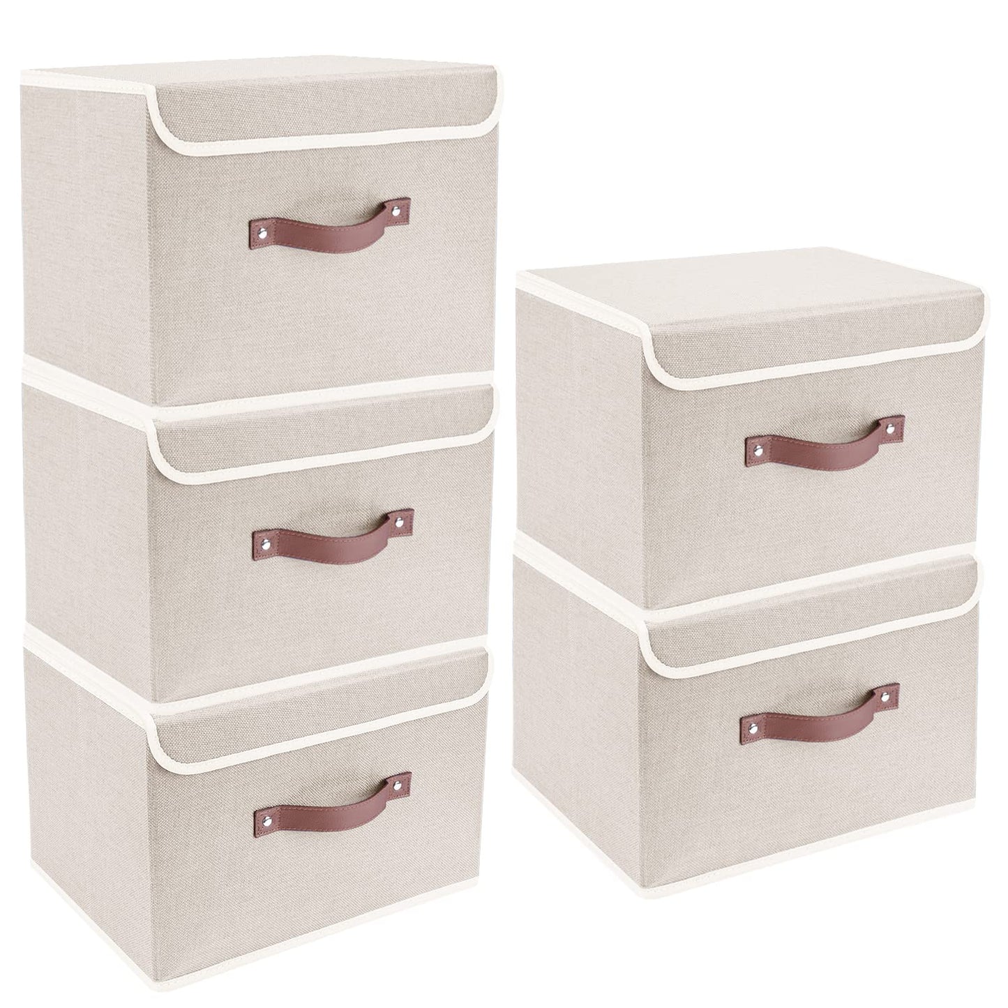 TYEERS Foldable Storage Boxes with Lids 5 Pack Fabric Storage Bins with Lids, Closet Organizers for Clothes Storage, Room Organization, Office Storage, Toys - Beige
