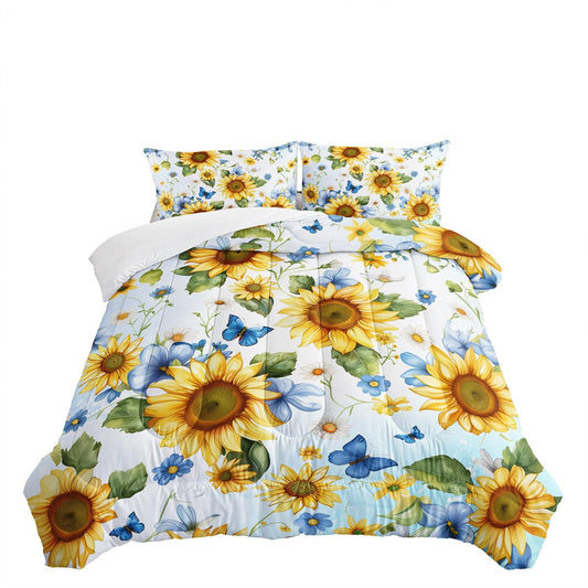 Nttopship Sunflower Floral Flower Bedding Set Twin Size 3 Pcs Comforter Set with 2 Pillowcases for Kids and Adults Sunflower Floral Yellow Comforter Set for Bedroom Bed Decor