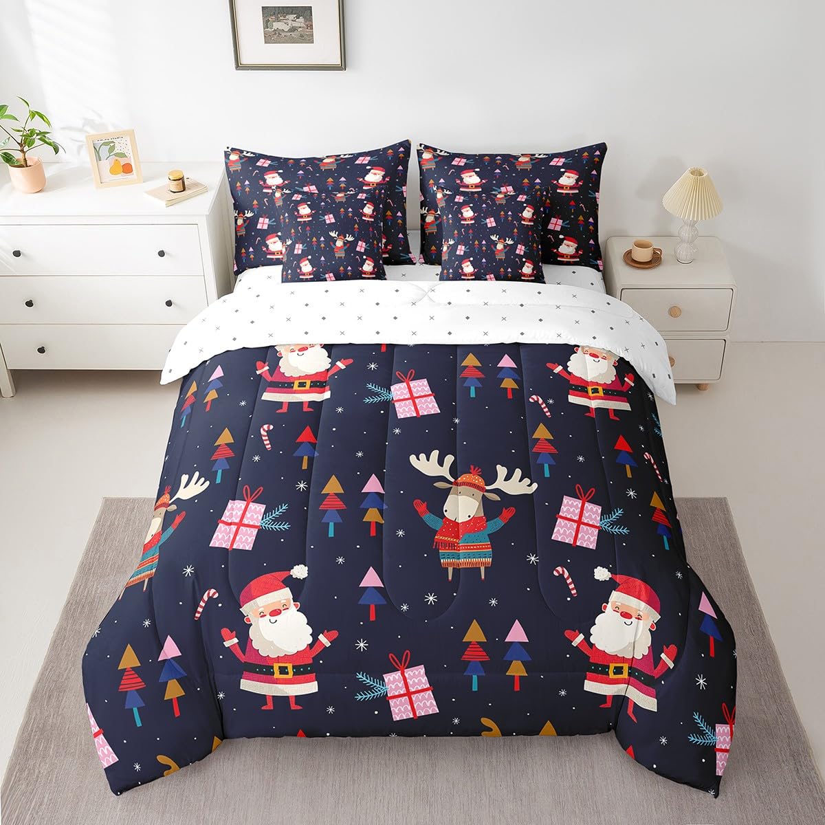 7 Piece Santa Claus Bed in a Bag Twin for Boys Girls Kids Christmas Sheet Set Christmas Themed Bedding Comforter Christmas Elk Decor Bed Sets Happy New Year Winter Themed Cushion Covers Blue