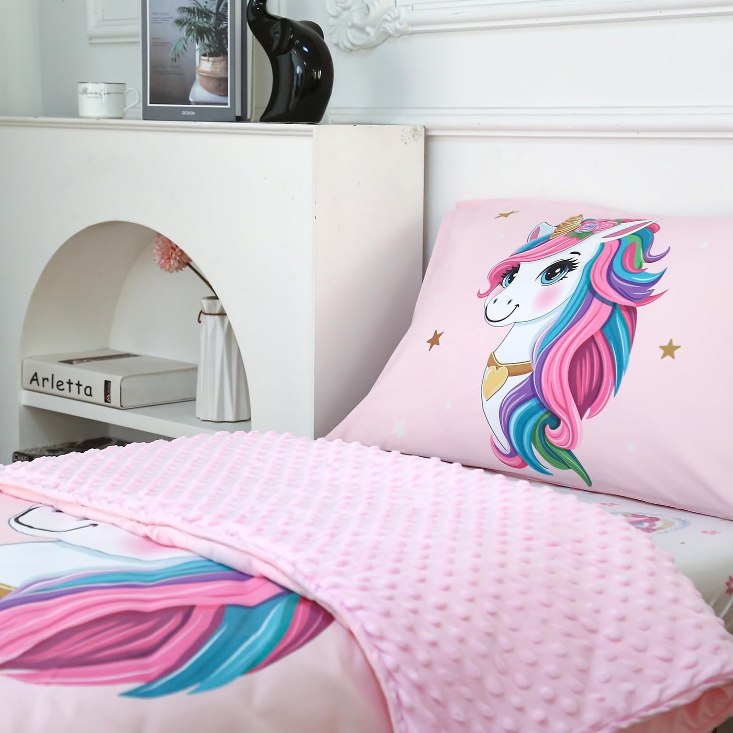 Dormlony 4 Piece Toddler Bedding Set - Ultra Soft Breathable Toddler Bedding Set for Girls, Includes Quilted Comforter, Flat Sheet, Fitted Sheet and Pillowcase(Unicorn)