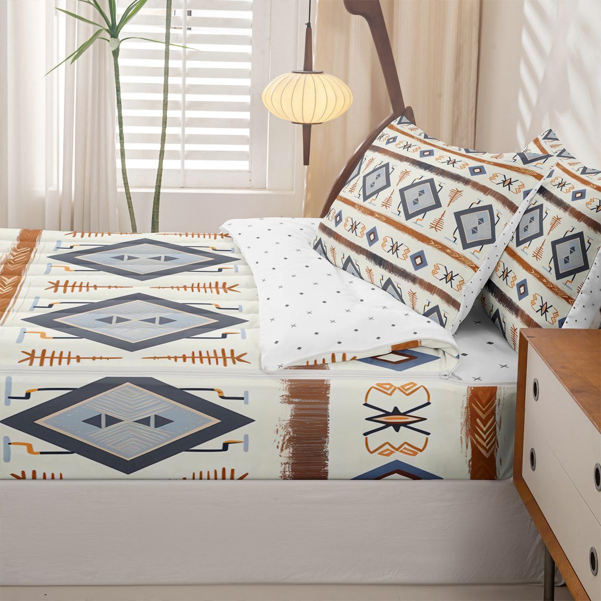 Geometric Aztec Zipper Bedding Queen Western Boho Zip Up Bedding Set for Boys, Ethnic Tribal Arrow Diamond Bed in a Bag Navajo Style Southwestern Decor Comforter with Fitted Sheet and 2 Pillowcases
