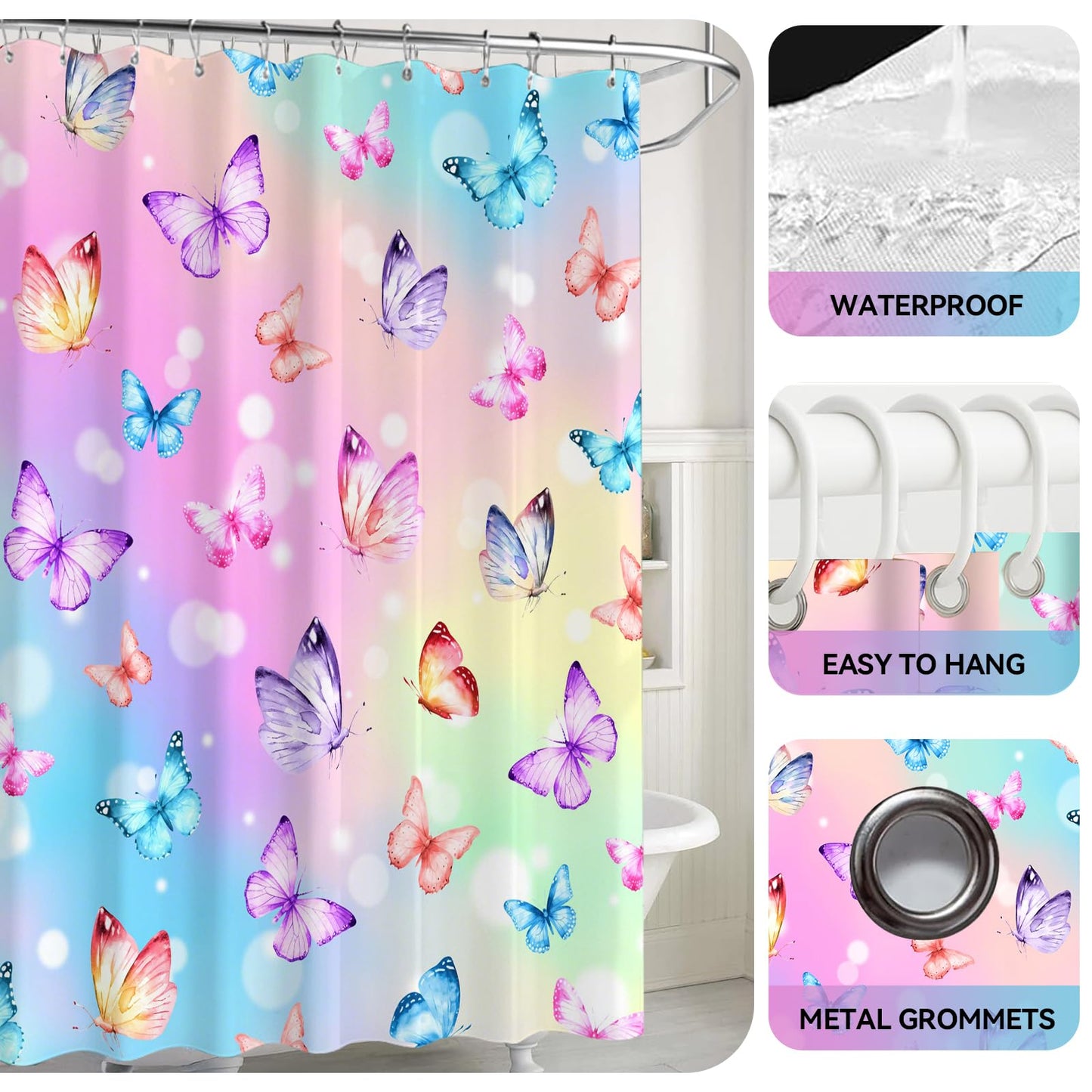 Muuyi 4Pcs Pink Bathroom Sets with Shower Curtain and Rugs, Gradient Butterfly Cute Shower Curtain Set, Women Girly Bathroom Decor, Includes Non-Slip Bath Mat, Toilet Lid Cover & 12 Hooks, 71" x 71"