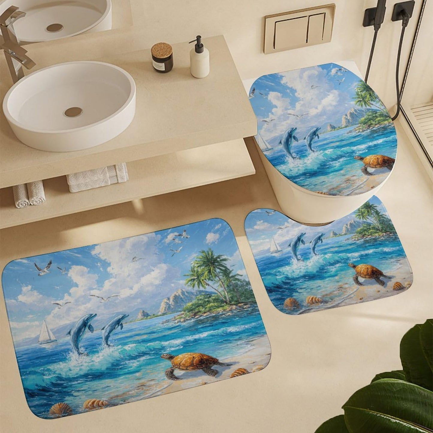 INSFBRB Rustic Colorful Dolphin Shower Curtain Sets with Rug,Toilet Lid Cover and Bath Mat,Beautiful Oil Painting Palm Nautical Seagull Ship Ocean Sea Turtle 4 Piece Bathroom Set