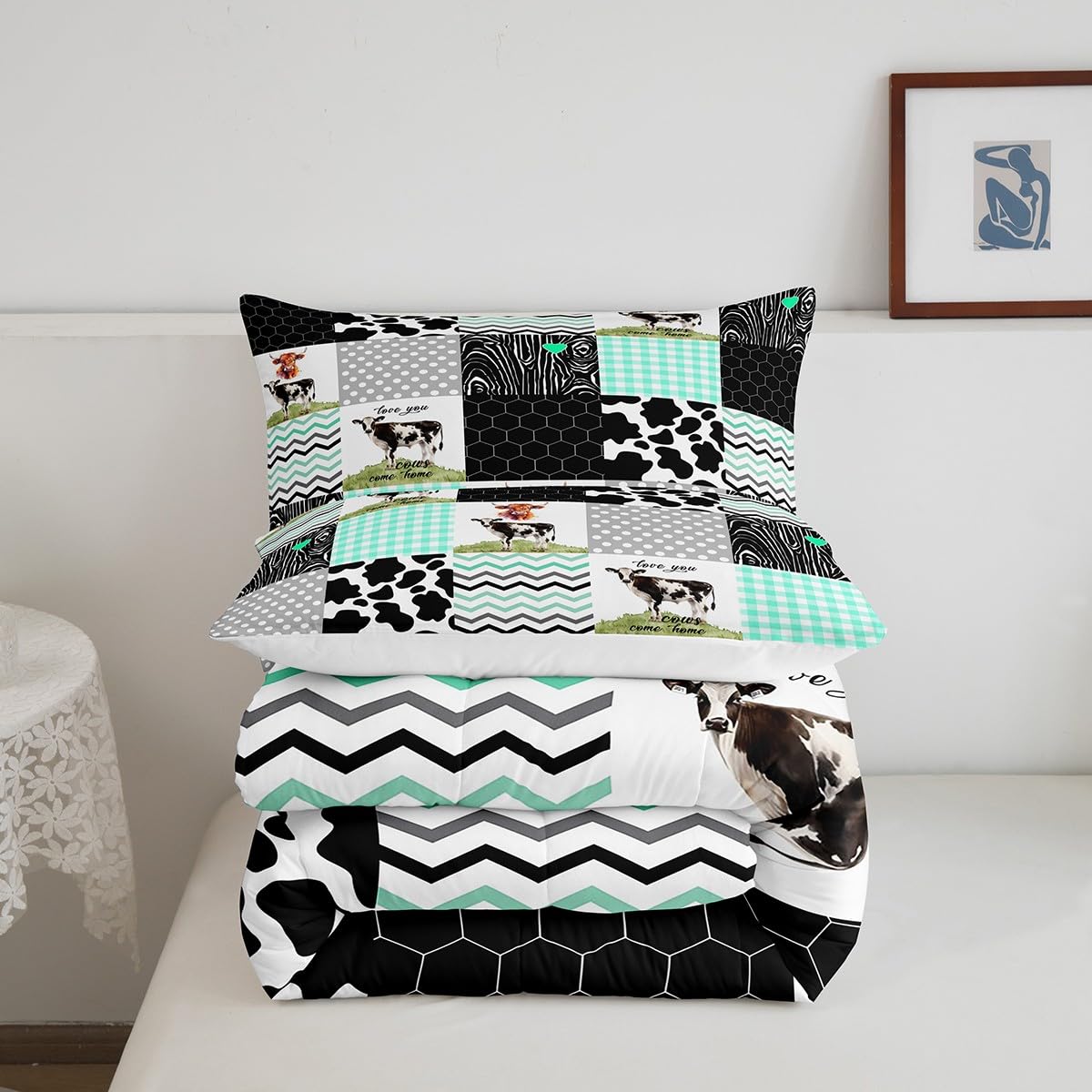 Erosebridal Cute Cow Print Comforter Set Queen Size Kawaii Highland Cow Bedding Set Bedroom Decor Honeycomb Plaid Pattern Geometric Stripes Down Comforter Farm Animals Duvet Set, Green Black Grey