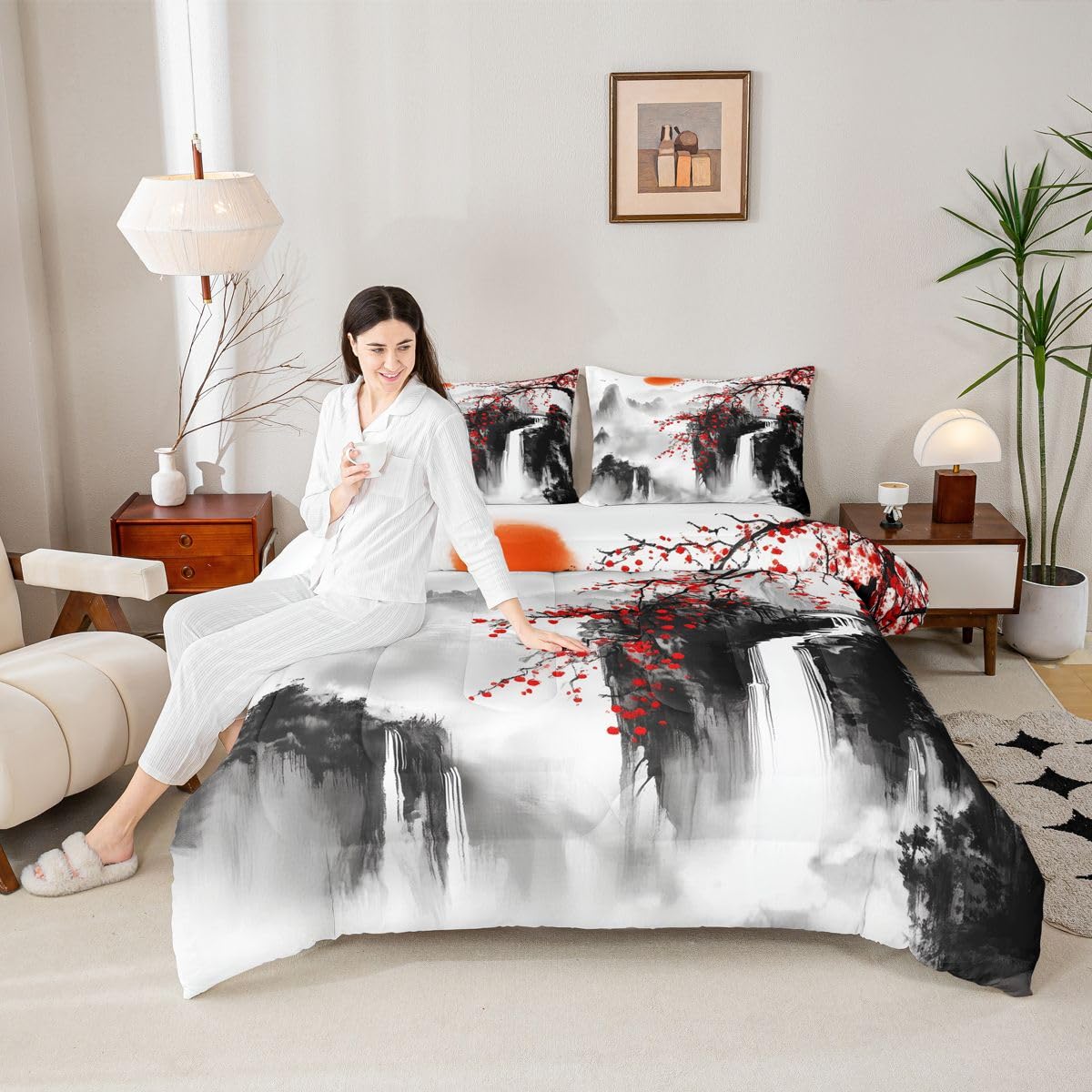 jejeloiu Chinese Ink Painting Kids Comforter Set Queen Size Cherry Blossom Bedding Set Red Sun Mountain Duvet Quilt for Kids Boys Girls Bedroom Japanese Style Decor Microfiber Ultra Soft Breathable