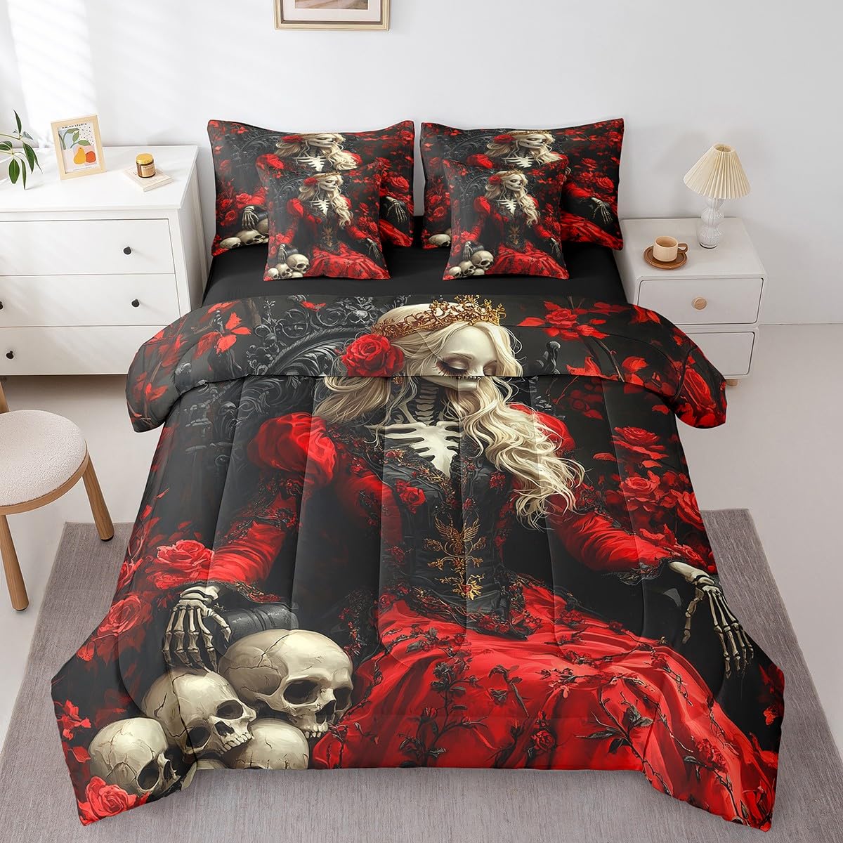 Erosebridal Queen Skull 7 Piece Bedding Set Romantic Skull Roses Full Comforter Set Gothic Skull Skeleton Bed in A Bag Skeleton Bones Flowers Sheet Set with Comforter for Kids Teen Adults