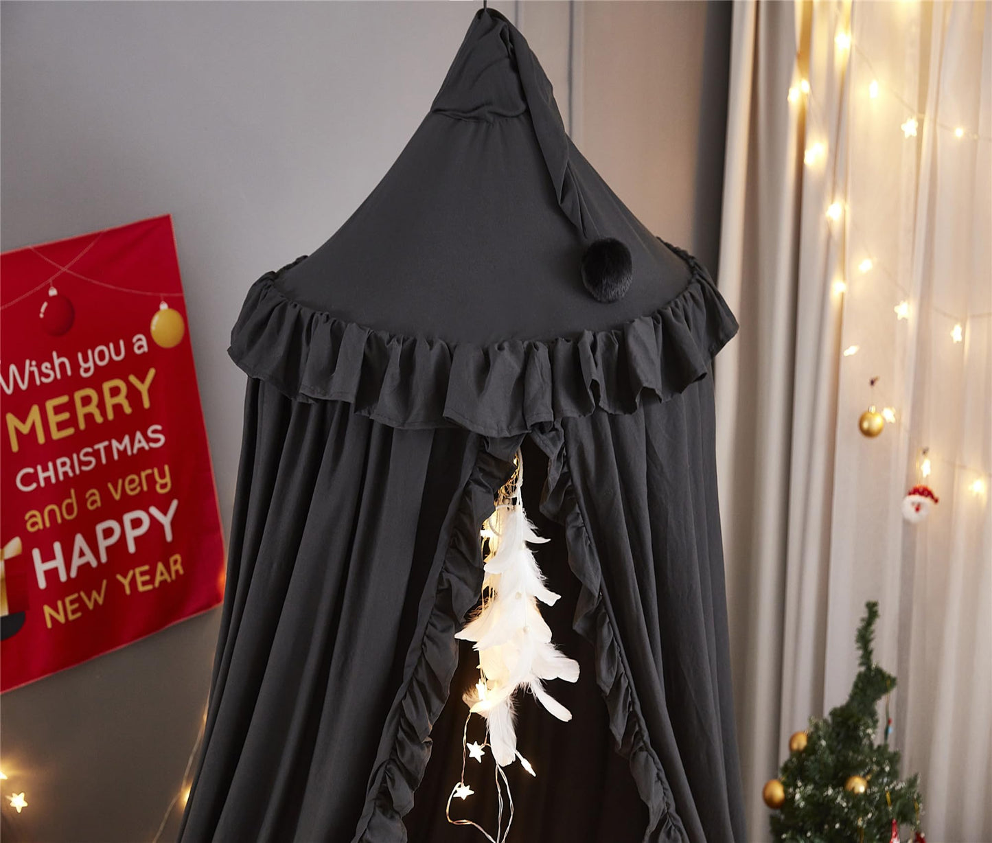VETHIN Bed Canopy for Girls,Princess Round Dome Dreamy Mosquito Net Bedding Girls Room Castle Play Tent Hanging House Decor Reading Nook Canopies (Black)