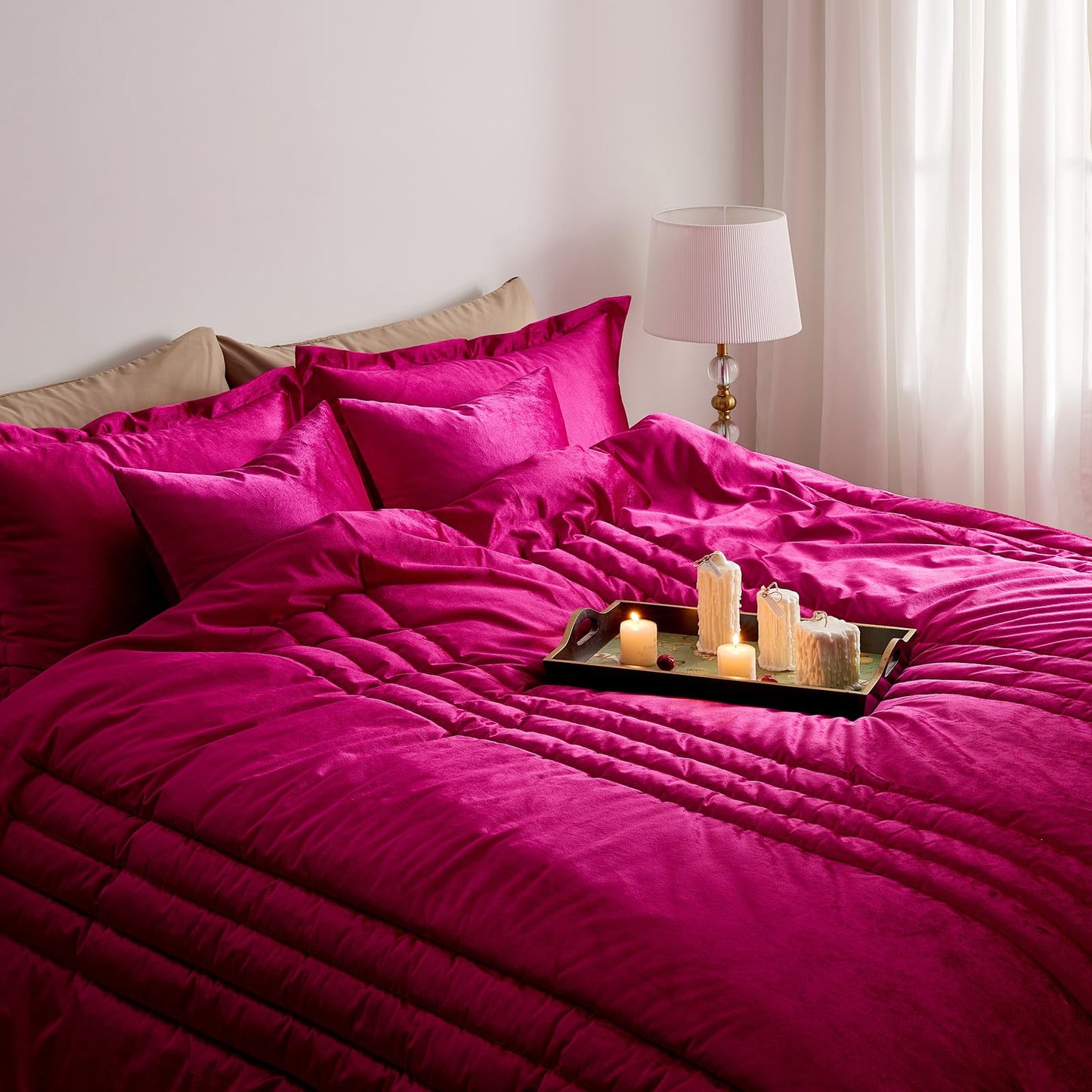 MUSSEL Hot Pink Queen Comforter Set 3 Pieces,Luxury Lightweight Fluffy All Season Cozy Velvet Bedding Comforter Sets,Neutral Striped Bedroom Comforter with 2 Shams
