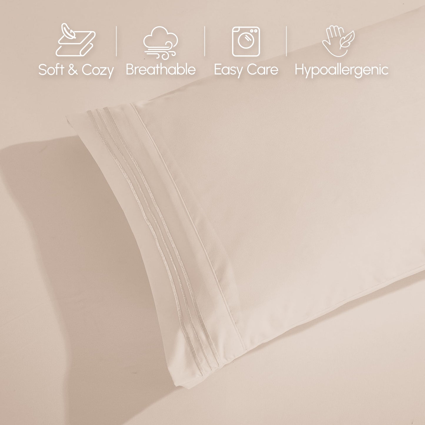 Elegant Comfort Luxurious 1500 Premium Hotel Quality Microfiber Three Line Embroidered Softest 4-Piece Bed Sheet Set, Wrinkle and Fade Resistant, King, Cream