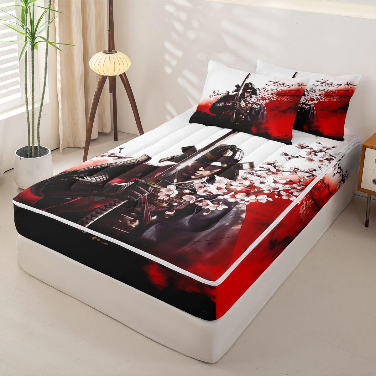 Erosebridal Japanese Samurai Zip Up Bedding Comforter Sets Twin Size, Japan Warrior Comforter in One Zipper - Cherry Blossom Bedding Set with Pillowcases