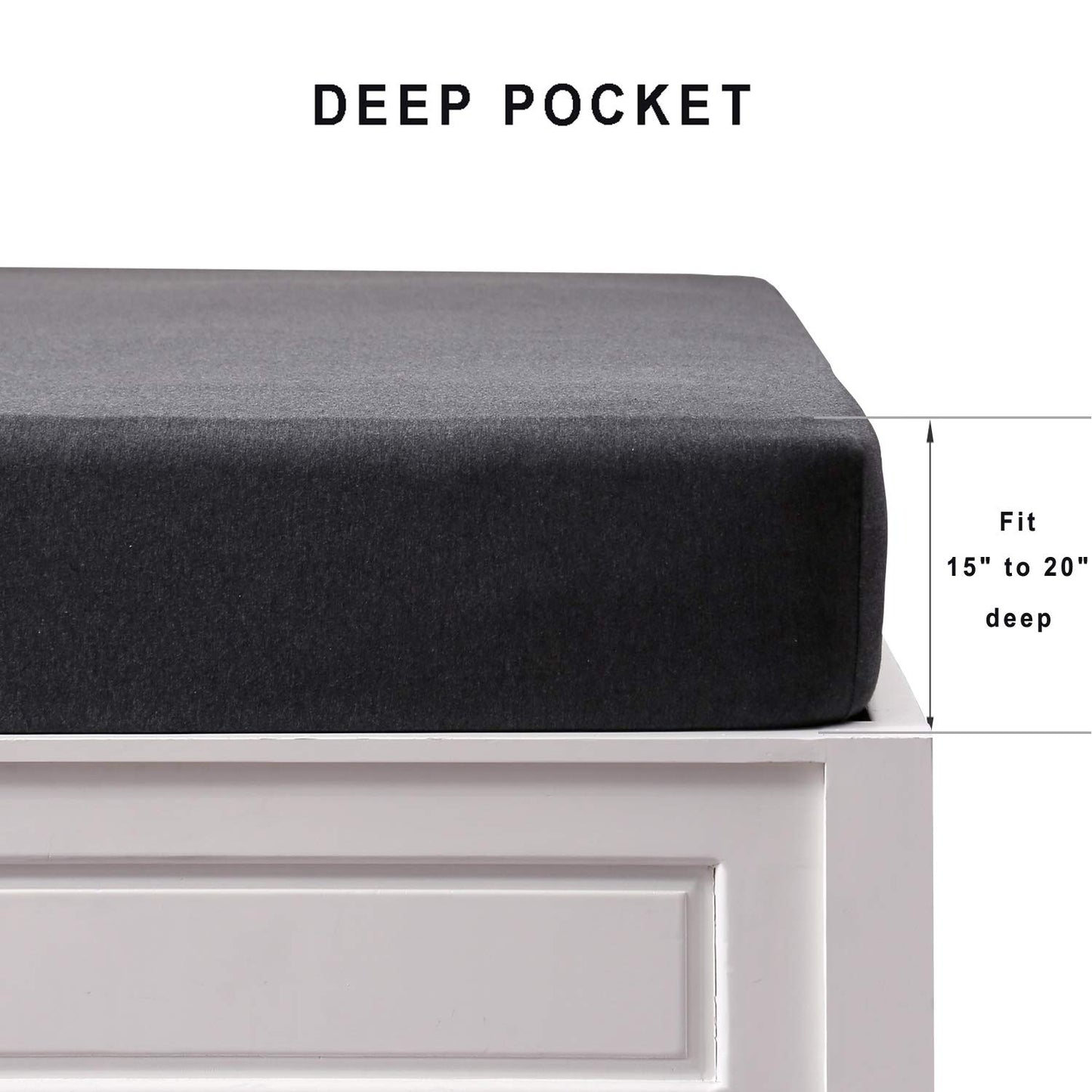 PURE ERA Jersey Knit Cotton Fitted Bottom Sheet ONLY (No Flat Sheet or Shams) Deep Pocket Up to 15" to 20" Ultra Soft Comfy Breathable Charcoal Grey Queen