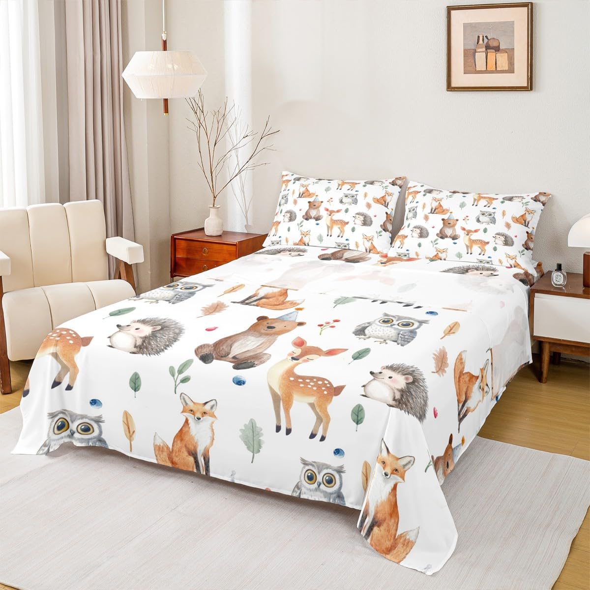 Feelyou Kids Cartoon Fox Sheet Set Cute Bear Bed Sheets Set for Boys Teens Decor Kawaii Owl Print Sheets with Deep Pocket Fitted Sheet Botanical Leaf Pattern Bedding Set Bedroom 4Pcs Full