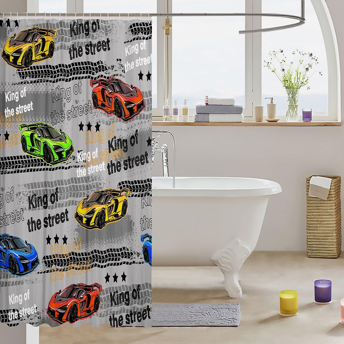Feelyou Race Car Shower Curtain 72"x72" Speed Sports Car Bath Curtain for Boys Girls Teens Racing Bath CurtainWaterproof Fabric Extreme Sports Kids Bathroom Accessories Wheel Print