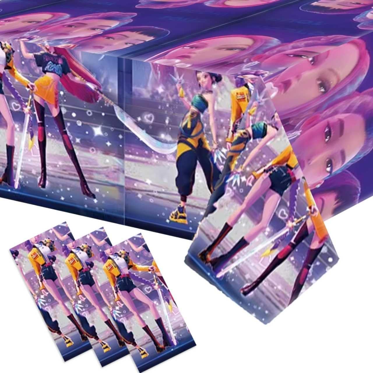 Luckyliz Demon Movie Hunters Table Cloths - 3 Korean Idol Singer Musical Table Cover Disposable Plastic Waterproof Tablecloths Purple Cartoon Party Supplies for Boys Girls Fans Concert Birthday Party