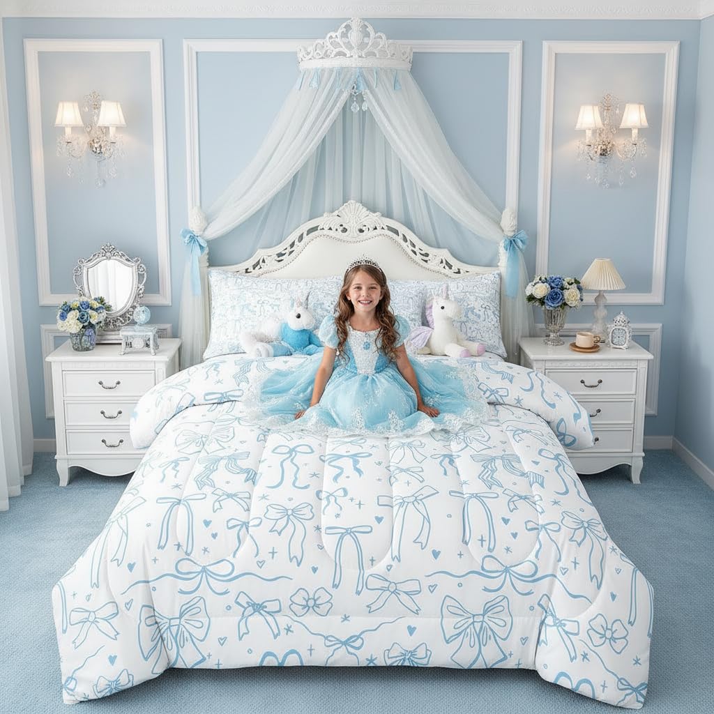 Cute Blue Bowknot 7Pcs Comforter Set Full Size,Cartoon Hand Drawn Stars Love Bow Bedding Set,Kids Girls Sweet Princess Style Fitted Flat Sheet Teens Woman Room Decor,Modern Romantic 4 Pillow Cover