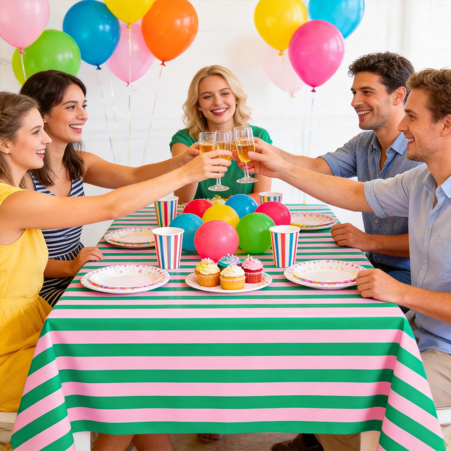 JarThenaAMCS 6Pcs Stripe Plastic Tablecloth Disposable Table Cloth Pink Green Rectangle Table Cover for Birthday Baby Shower Wedding Party Picnic Supplies, 54 x 108 Inch