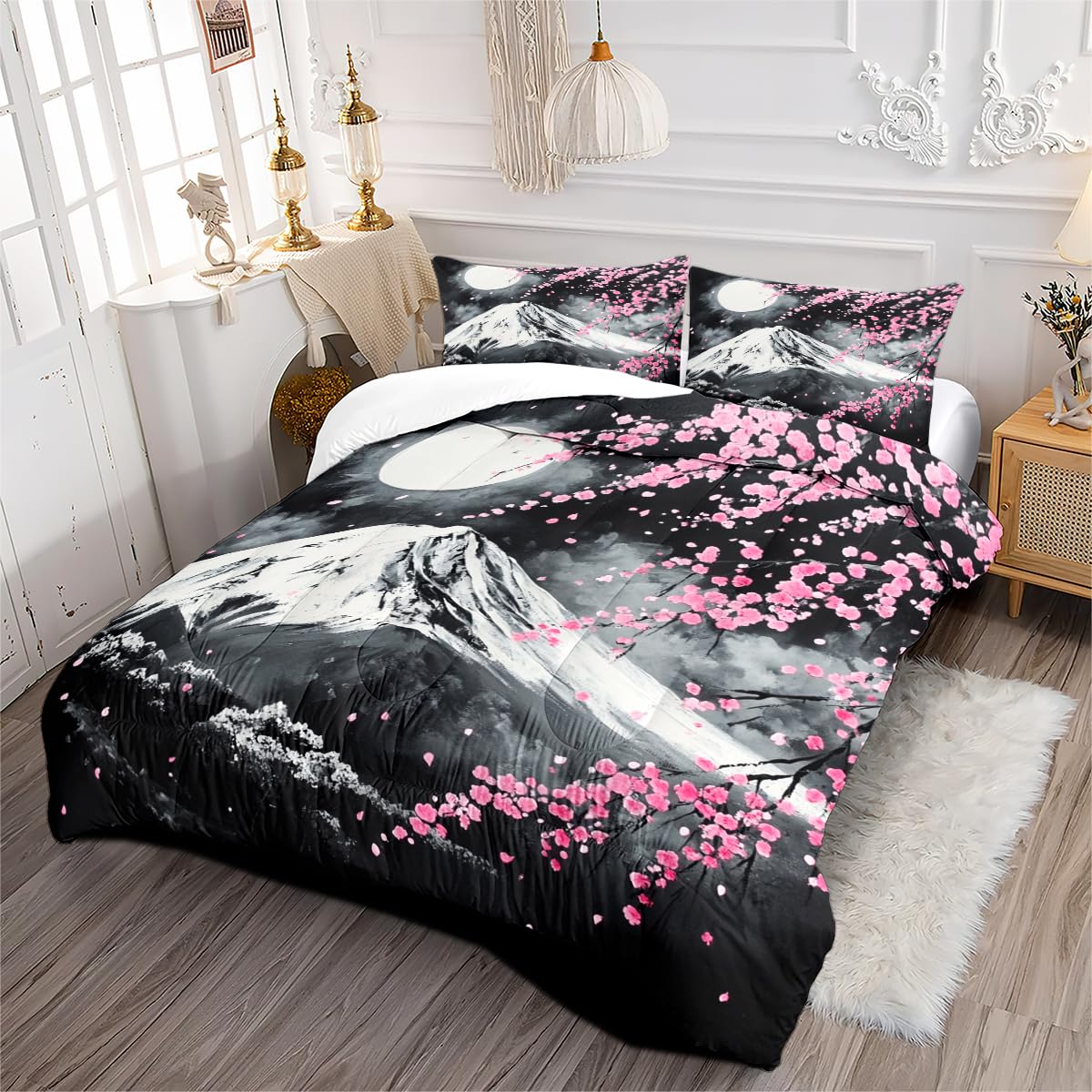 CCoutueChen Japanese Cherry Blossom Comforter Set Queen Grey Pink Floral Bedding Set for Japan Decor Mount Fuji Bedding Soft Lightweight Comforter Sets with 2 Pillowcases