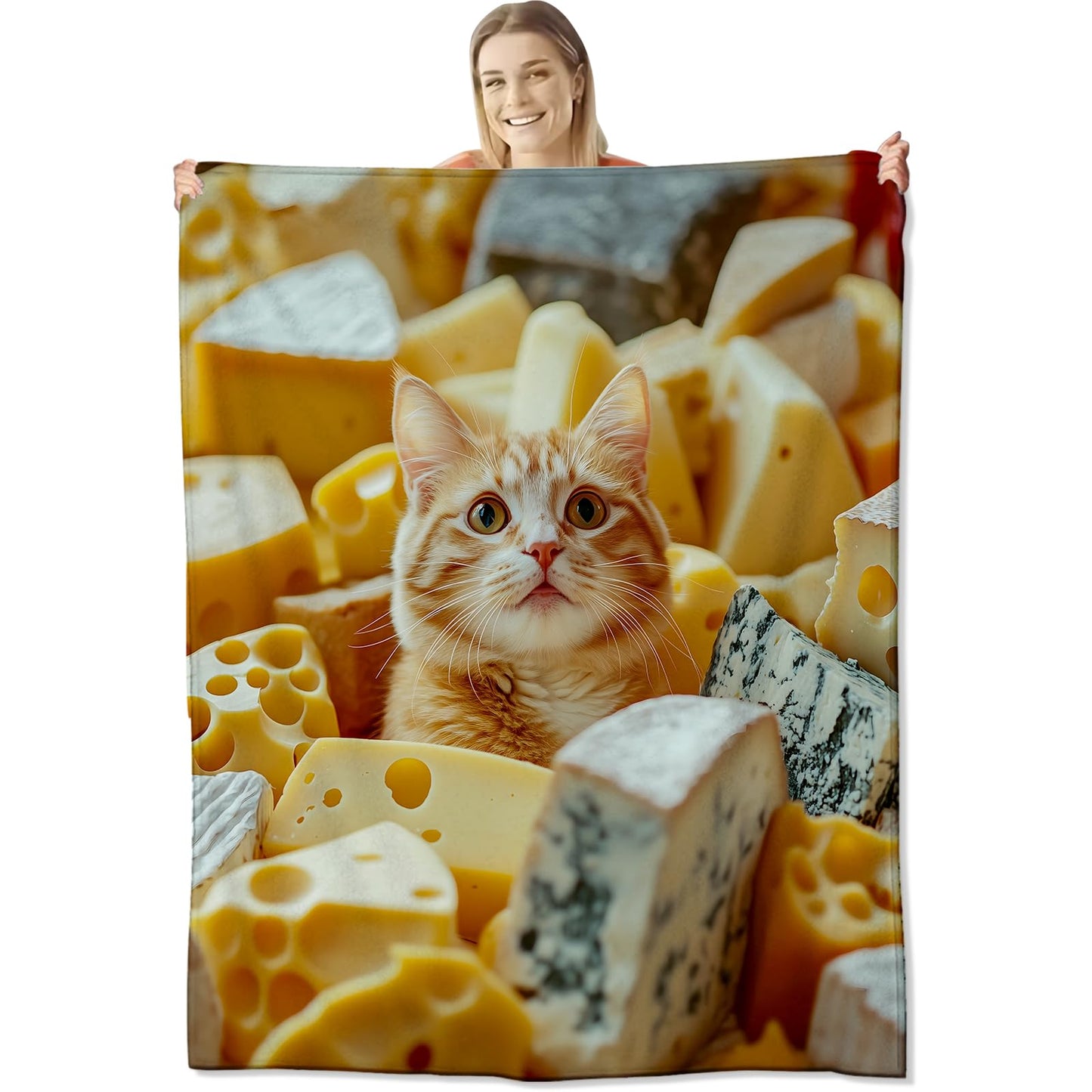 cromcu Adorable Cheese Cat Flannel Throw Blanket 50x60 Inch, Cute Orange Kitten Throws, Whimsical Food Humor Fleece Blankets for Couch, Bed, Sofa, Travel, Pet Lovers Novelty Gifts Decor