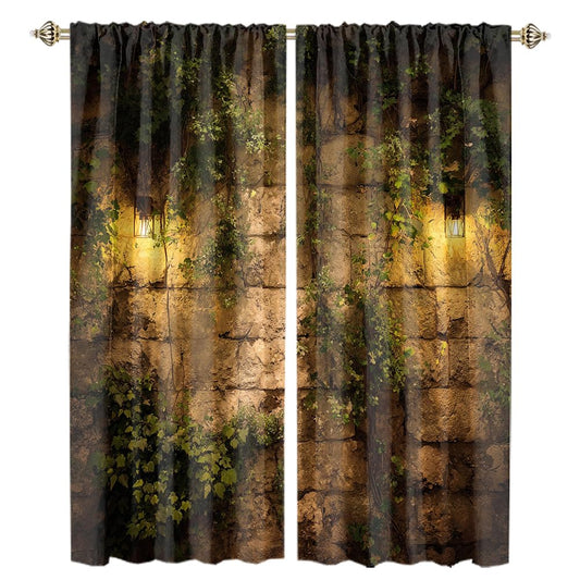 XSUPFLYM Rustic Abstract Stone Wall Window Thermal Curtain for Living Room Vintage Realistic Spring Brick Wall Botanical Plant Green Leaves Blackout Curtains for Bedroom 2 Panels Each 21" W x 54" L