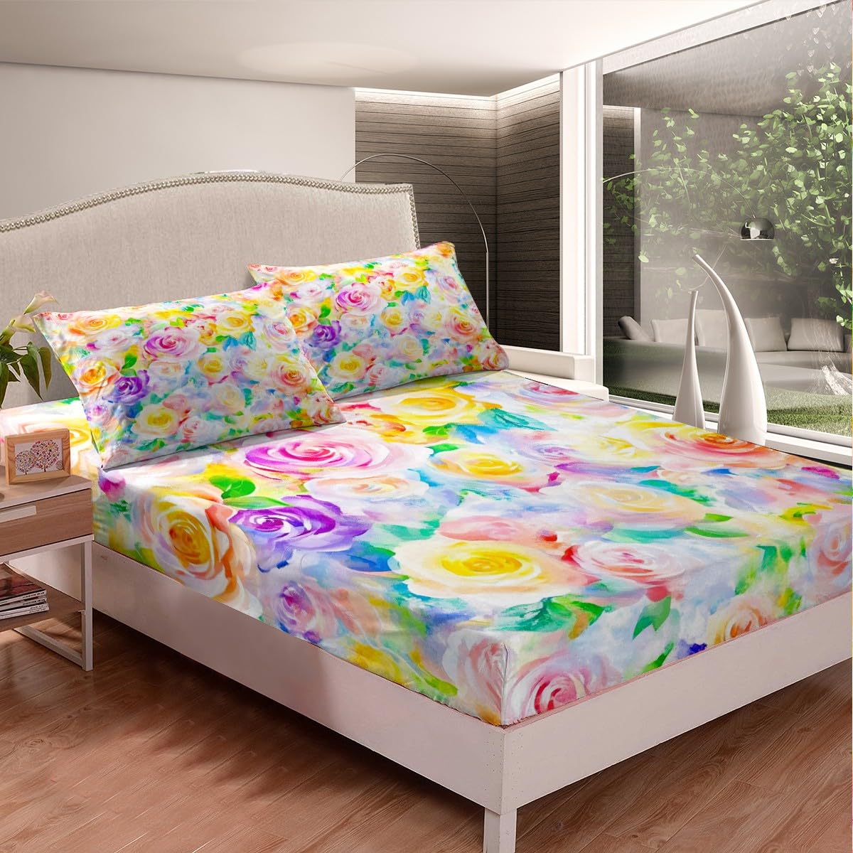 Feelyou Rose Flower Bedding Sheets Girls Women Like Full Yellow Pink Flower Bed Sheet Set Garden Flower Fitted Sheet Pretty Botanical Bed Cover 3Pcs,1 Fitted Sheet+2 Pillow Sham（No Flat Sheet）