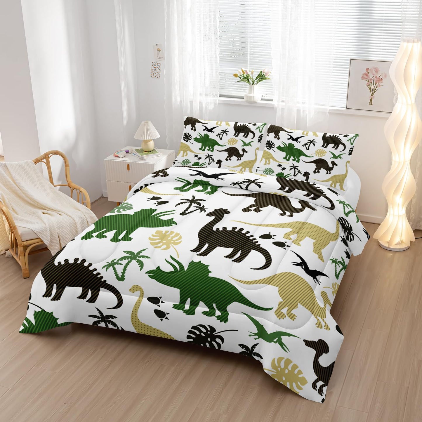 Nttopship Cartoon Dinosaur Comforter Set Twin Size 3 PCS,Green Dinosaur Printed Quilt Set for Bedroom Soft Microfiber All Season Print Quilt Set with 1 Comforter and 2 Pillow Case