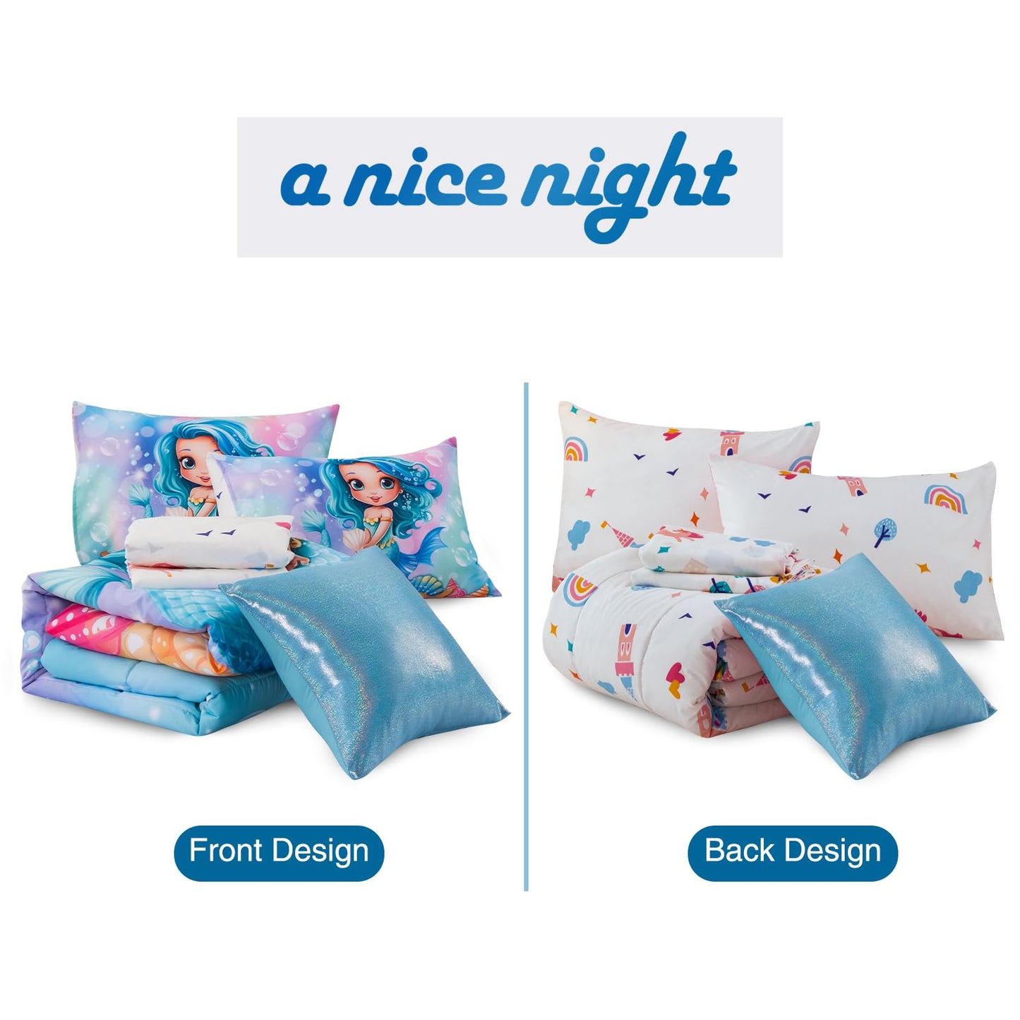 A Nice Night Mermaid Comforter Set Twin 6-Piece Bedding for Girls 3-15 Years, Soft Polyester All-Season Bed in a Bag, Princess Theme Twin Bed Quilt