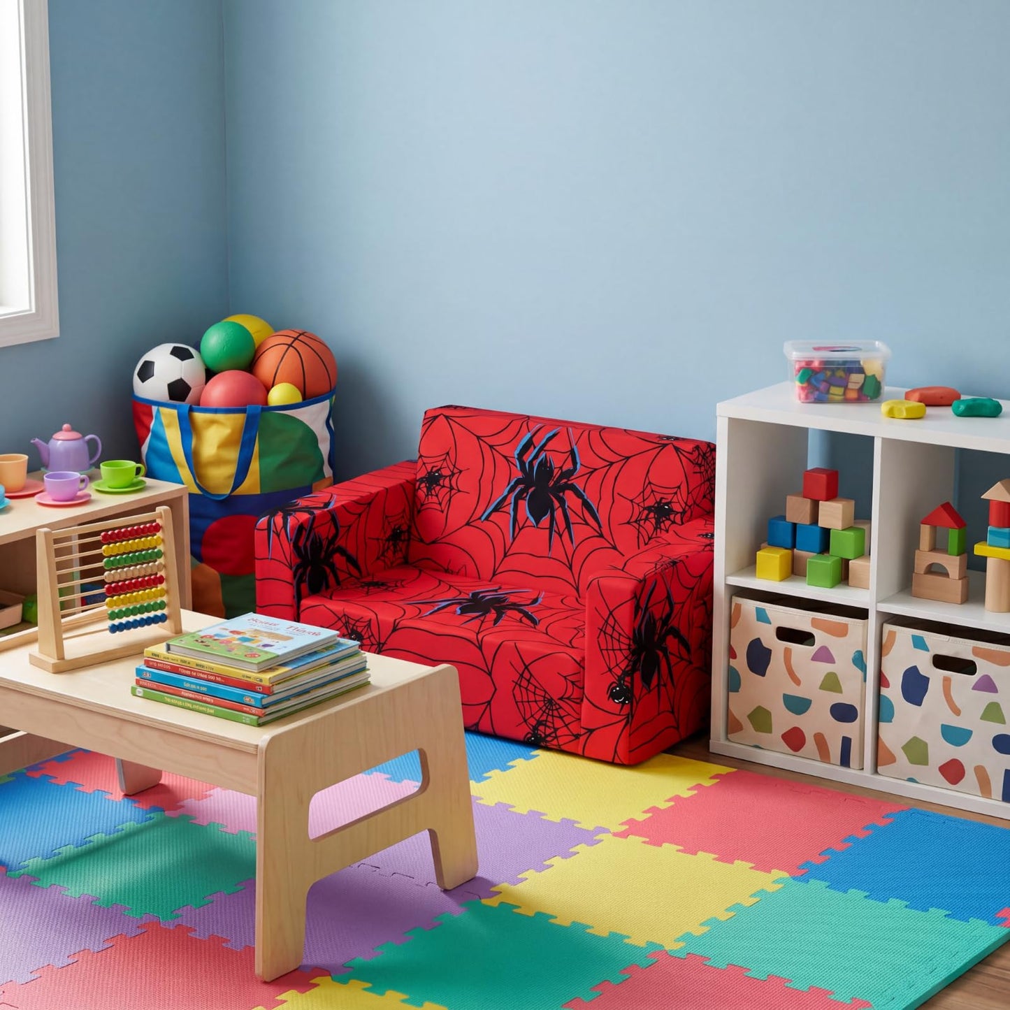 Sliner Kids Sofa 2-in-1 Flip-Out Chair Convertible Fold Out Kids Couch to Lounger Foam Soft Toddler Chairs Comfy Flipout Seat with Washable Cover for Ages 3 and up for Playroom Bedroom(Spider)