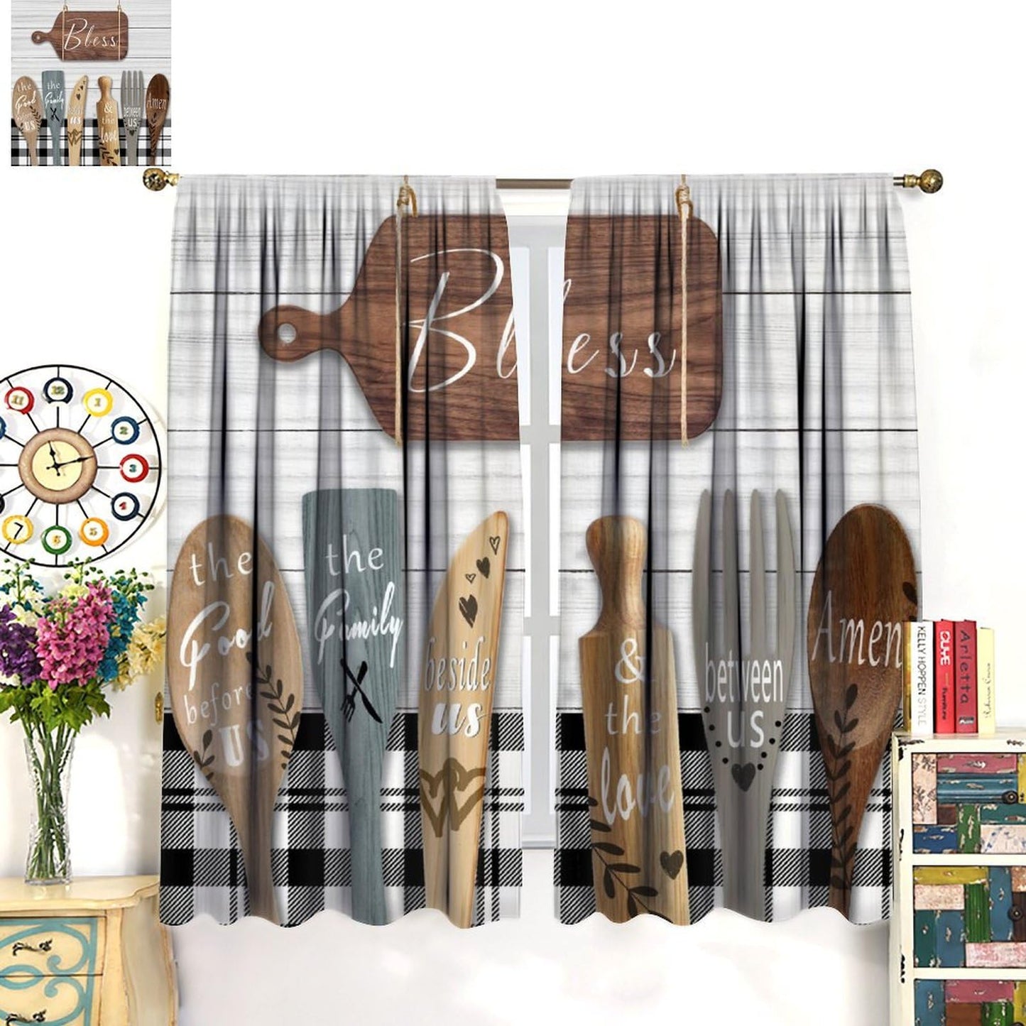 ShiTingYu Rustic Kitchen Curtains Farmhouse Vintage Country Wooden Plank Black White Window Treatments for Bedroom Living Room Kitchen Drapes 2 Panels 42x45 Inch