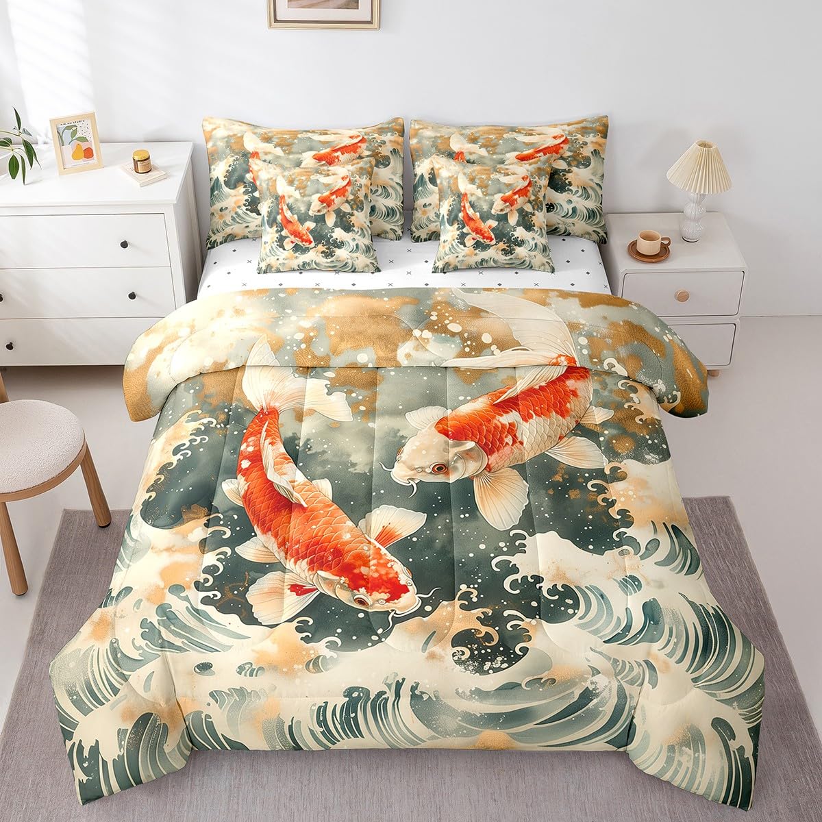 Erosebridal 7 Piece Koi Fish Queen Comforter Set,Japanese Ocean Waves Bedding Set with Sheets,Vintage Oriental Theme Bed in a Bag Ukiyoe Style Bed Set with Fitted Sheet,Flat Sheet,Pillowcases