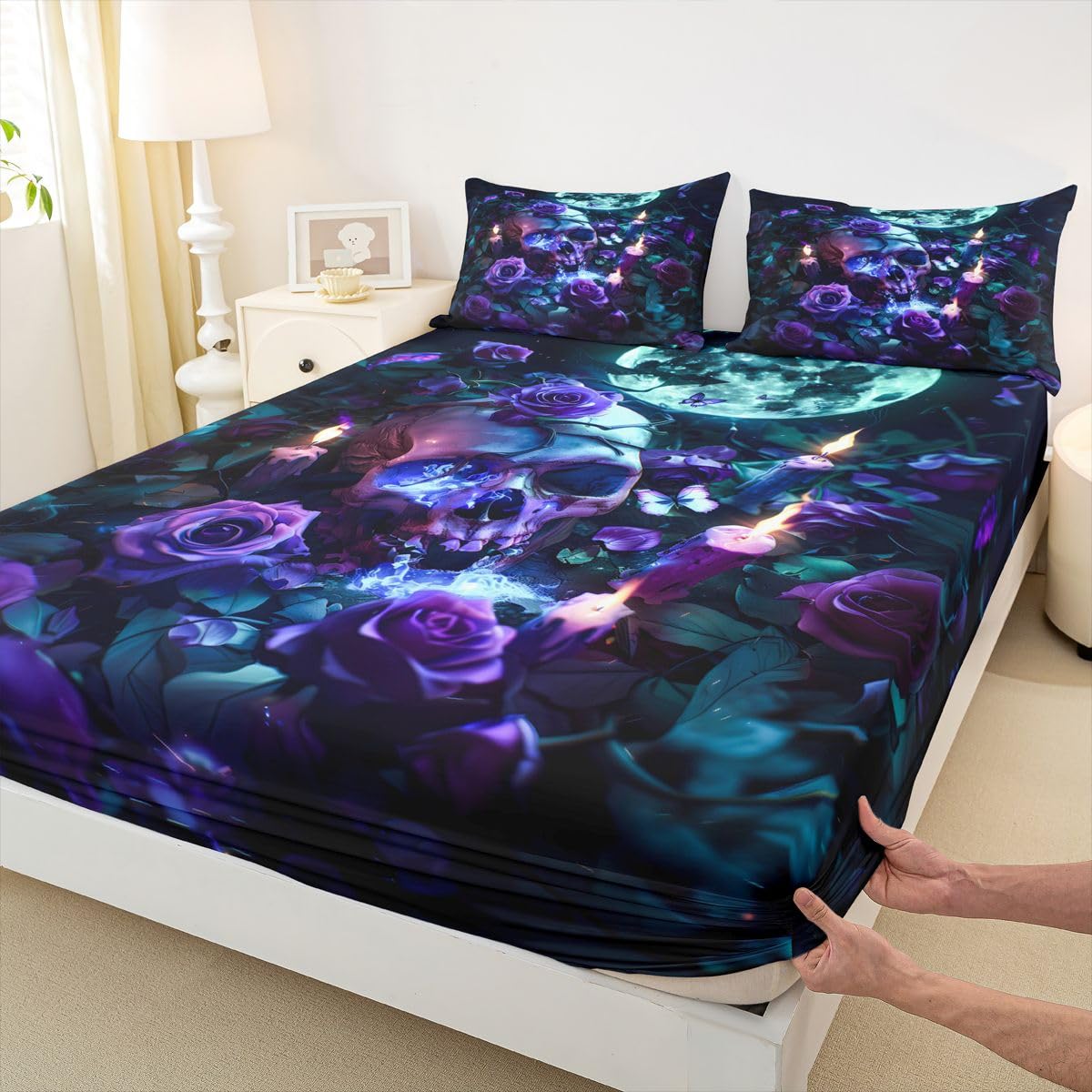 Feelyou Sugar Skull Bed Sheets Set Full Size Halloween Themed Bed Set for Kids Boys Girls Rose Floral Flower Deep Pocket Fitted Sheet Butterfly Breathable Soft Lightweight Microfiber Candles