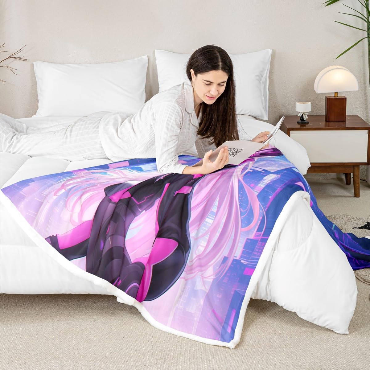 Erosebridal Twin Size Anime Girl Fleece Blanket, Kawaii Japanese Anime Sherpa Blanket Cartoon Girl Fuzzy Plush Throw Sci Fi Japanese Animation Decor for Bed Couch for Kids Girls Teens Adult