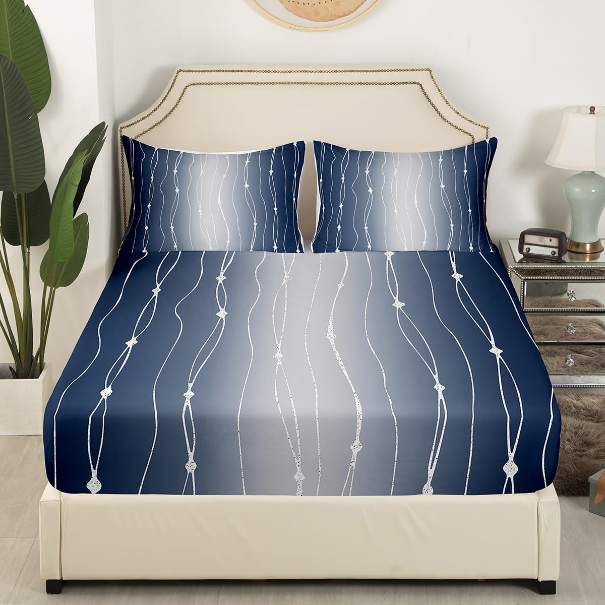 Erosebridal Navy Blue and Gray Gradient Bed Set Watercolor Ombre Bed Sheets Set, Abstract Aesthetic Sheet Set Queen Wave Line and Dots Sheets, Geometric Top Sheet Room Decor