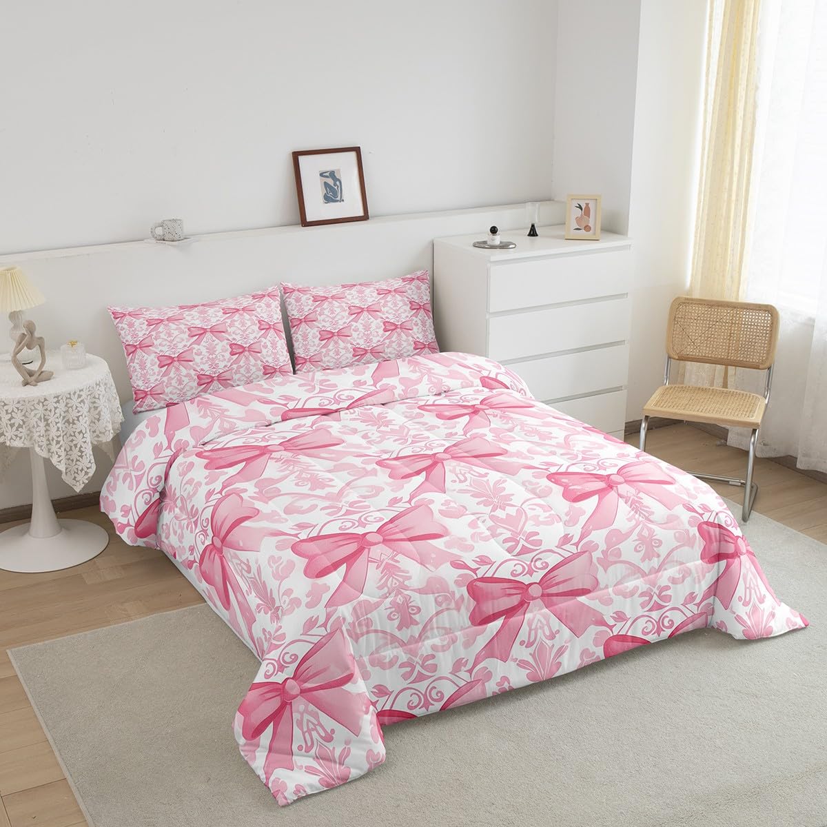 Manfei Pink Bowknot Kids Comforter Set Twin Size,Bow Princess Beauty Toddler Bedding Set,Girls Women Room Decor,Paisley Flowers Boho Exotic Down Comforter,Romantic Seductive Duvet Insert,1 Pillowcase