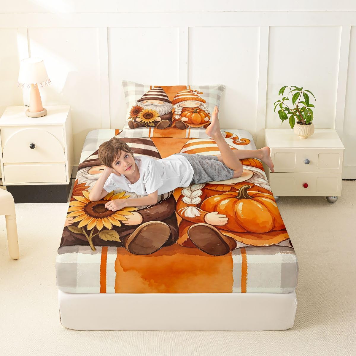 Erosebridal Couple Gnome Bed Sheets Twin Size Fall Sunflower Pumpkin Sheet Set Teens Men Women Geometric Stripes Plaid Bedding Set Neutral Cute Whimsical Autumn Sheets