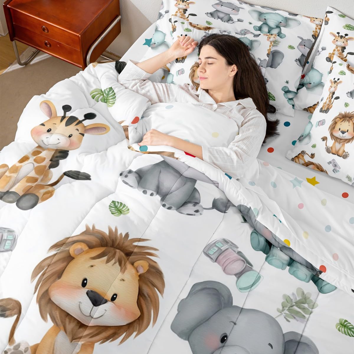 Erosebridal Cartoon Animals 7 Piece Comforter Set Twin for Nursery Child Bedroom | Cute Lion Elephant Hippo Bedding Set Tropical Bed Set Palm Tree Leaves Bed Sheets Kawaii Zoo Wildlife Quilt