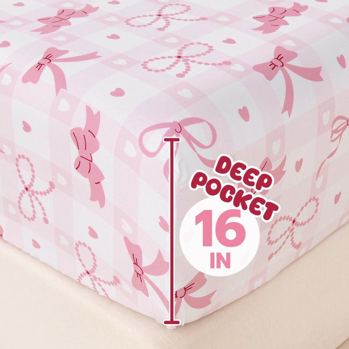 Homilay Full Sheet Set Kids - Pink Check 4 Pieces Soft Microfiber Cartoon Style Bedsheets for Boys Girls Teens, Oeko TEX Breathable 15 Inch Deep Pocket Sheets(Pink Bow)