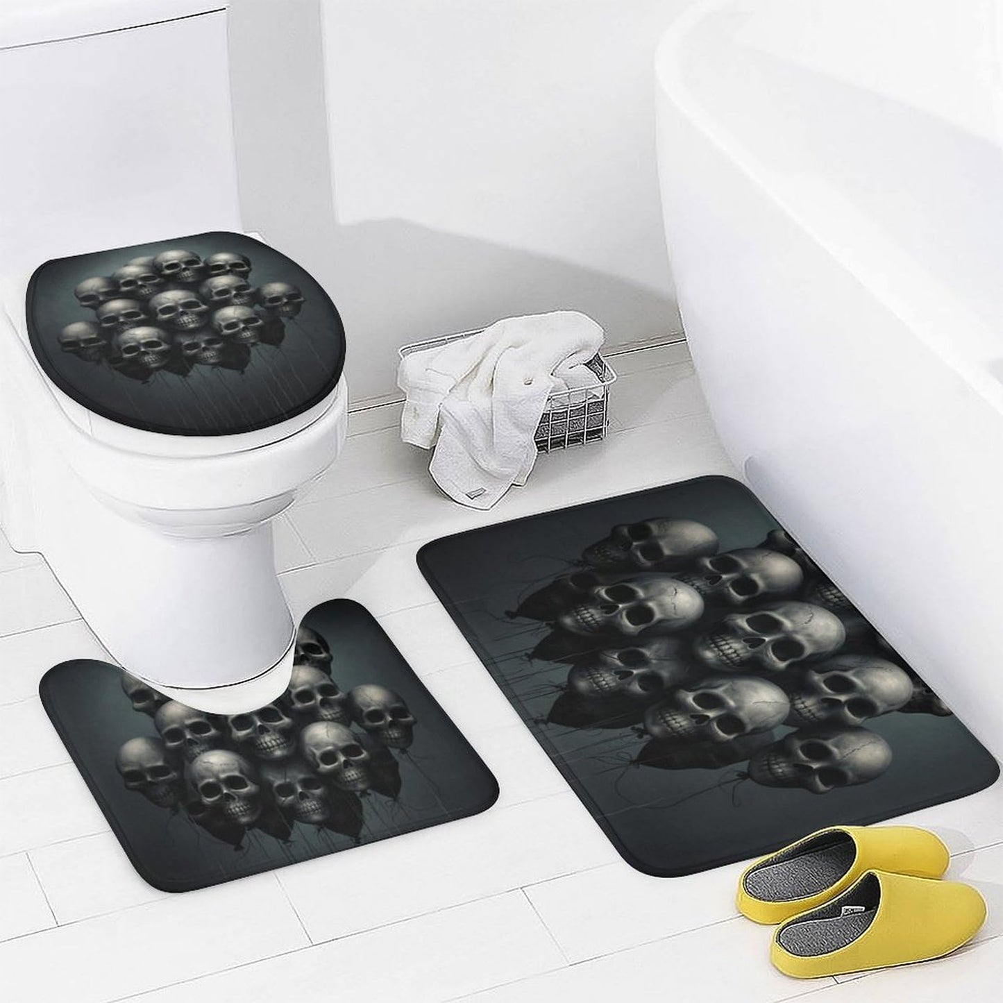 FOCCAFB 4Pcs Rustic Fantasy Skull Bathroom Sets with Shower Curtain Rugs Mats Black Skeleton Balloon Landscape Bathroom Decorations Sets with Non Slip Rugs Toilet Lid Cover Bath Mat, Style-2