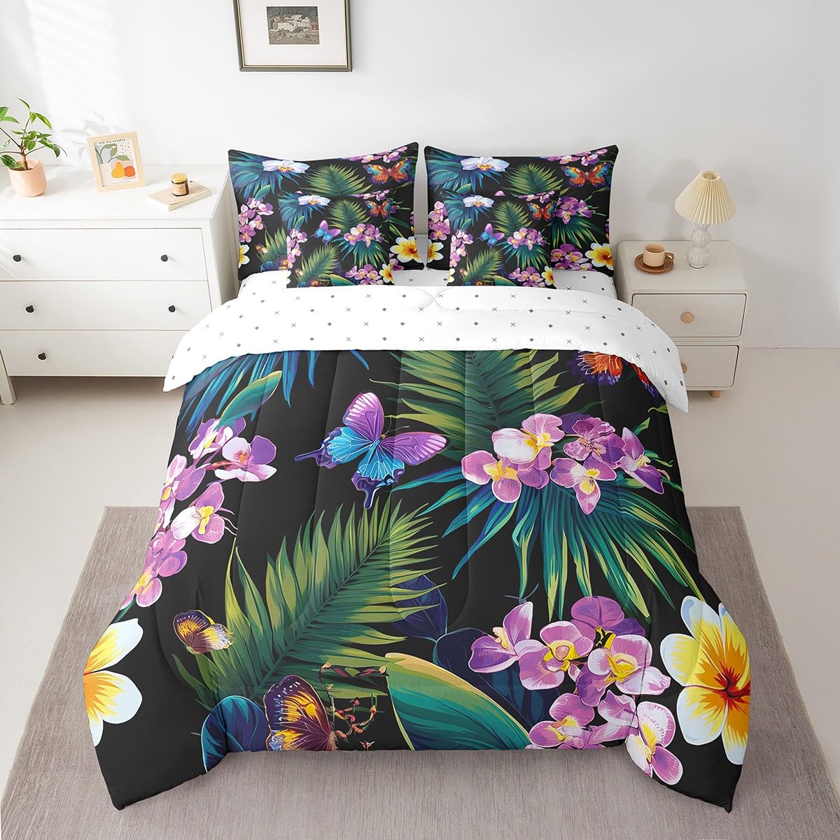 jejeloiu Butterfly Comforter Set 7 Pieces Full Size Kids Tropical Leaves Bed in a Bag for Boys Girls Botanical Bedding Set Nature Summer,Comforter + Sheets + Pillowcases + Cushion Covers