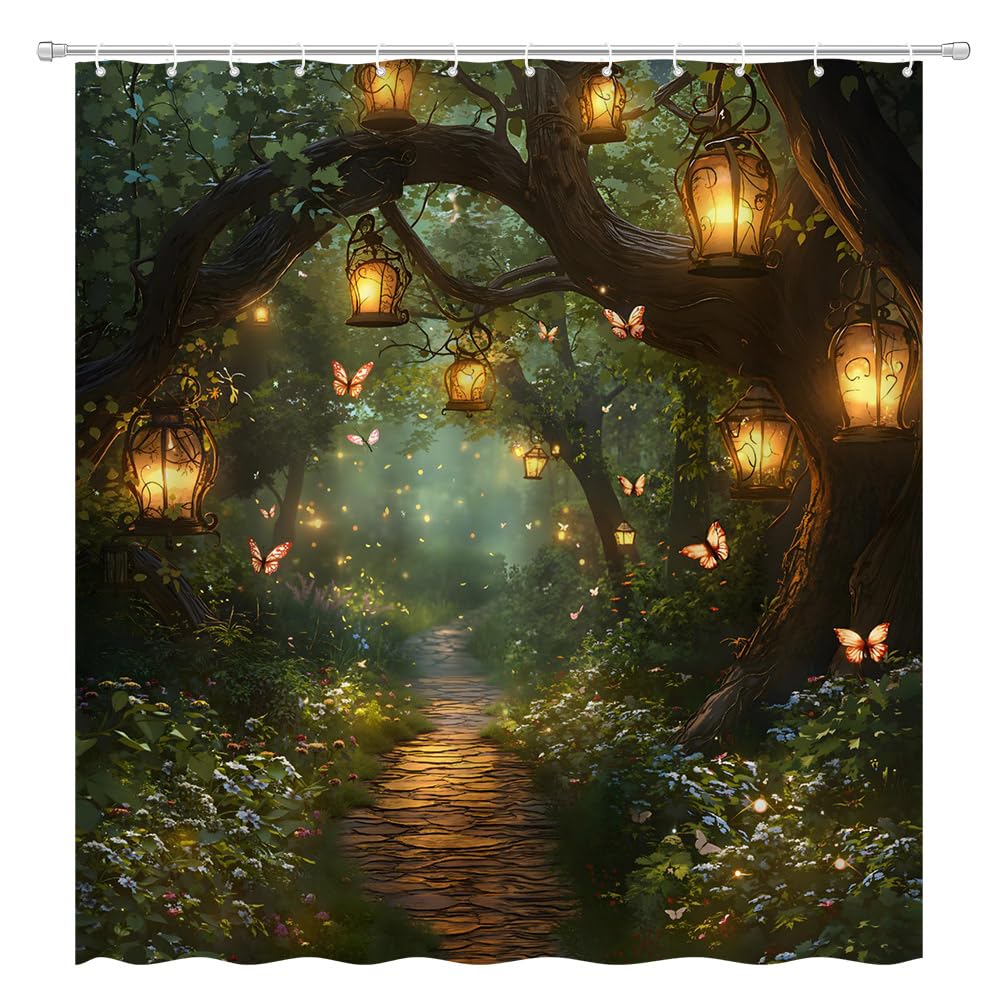Fantasy Forest Shower Curtain Fairytale Jungle Magical Enchanted Misty Wonderland Floral Tree Butterfly Lantern Nature Landscape Bath Curtain Fabric Bathroom Accessories Decor with Hooks 70"X70"