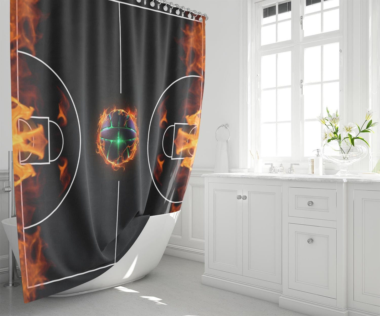 JPSBJWJ 4 Pcs Basketball Court Bathroom Set - Black Basketball Shower Curtain Sets Cartoon Sports Shower Curtain with Rug,Toilet Cover,U Shaped Mat and 12 Hooks