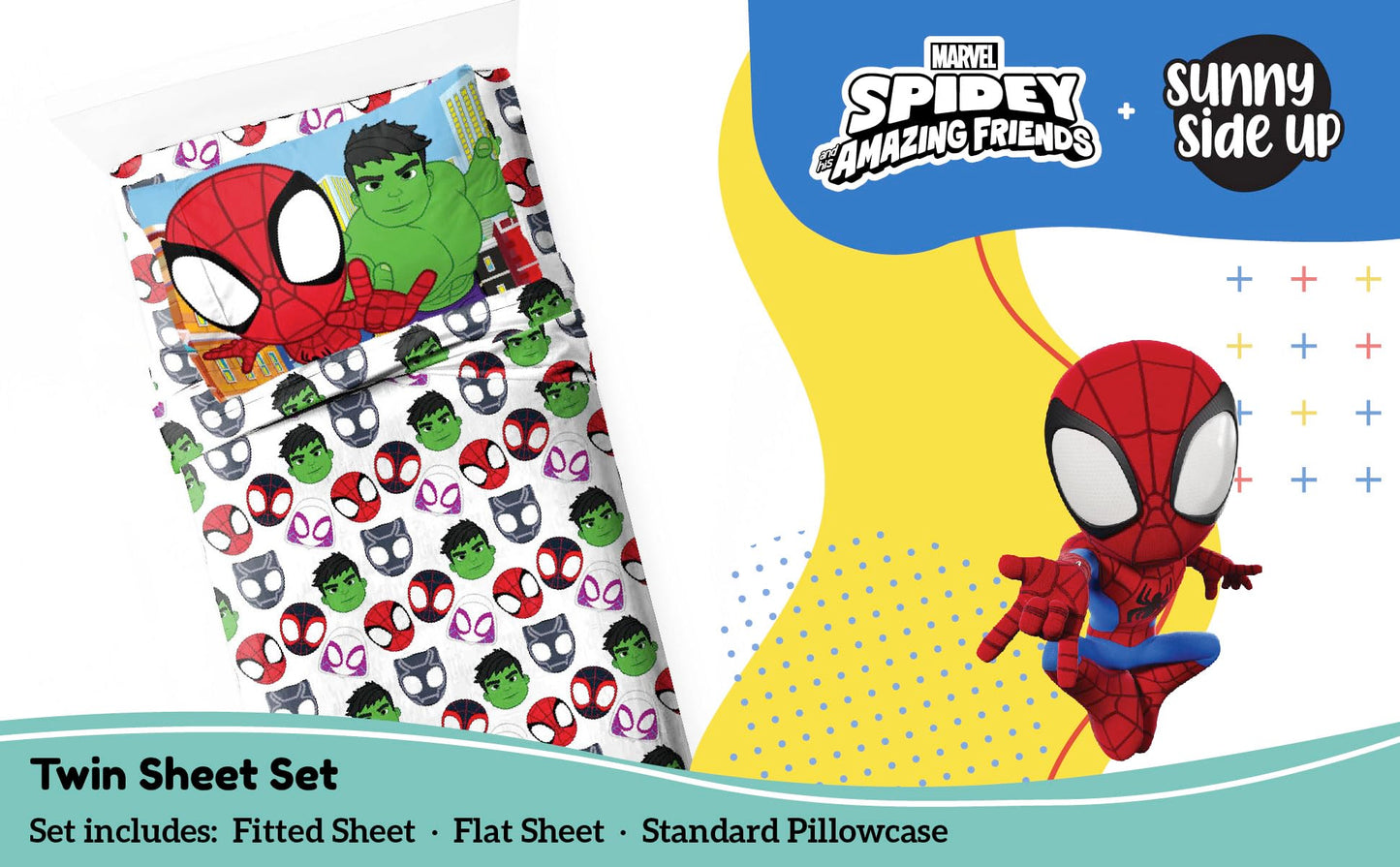 Sunny Side Up Spidey & His Amazing Friends Twin Sheet Set - 3 Piece Kids Bedding Set Includes Pillow Cover - Super Soft Superhero Microfiber Sheets Features Miles Morales & Ghost Spider