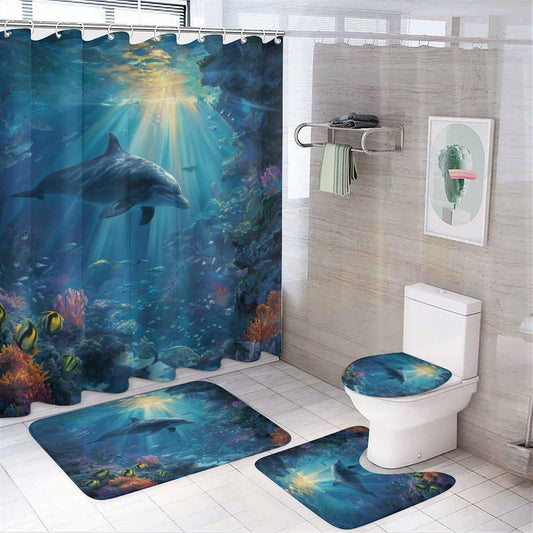 INSFBRB Realistic Colorful Animal Dolphin Shower Curtain Set,Beautiful Rustic Ocean Underwater World Wildlife Dolphin Fish Coral 4 Pcs Bathroom Decor Accessories with 12 Hooks