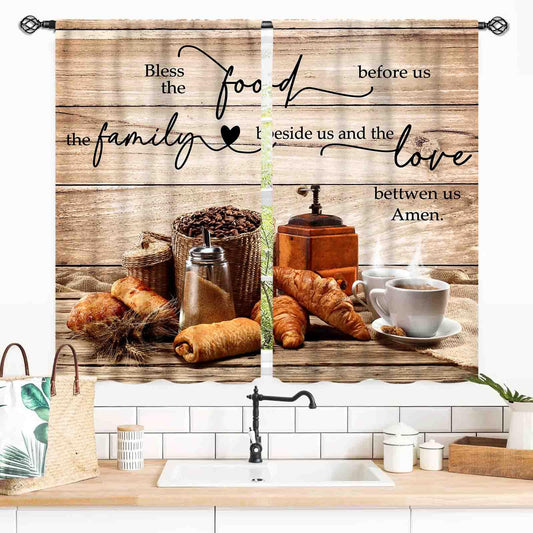 TKUYO Rustic Kitchen Curtains, Farmhouse Retro Coffee Time Latte Cafe Bread Wooden Plank Cottage Country Window Drapery Treatments for Dining Room Bedroom Living Room 2 Panels, 55x39 Inch