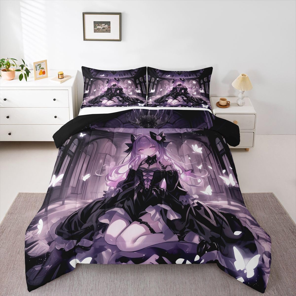 Erosebridal 3D Girly Kids Comforter Set | Japanese Girl Bedding Full Size Anime Gifts Down Comforter Purple Dreamy Butterfly Print Duvet Set for Bedroom