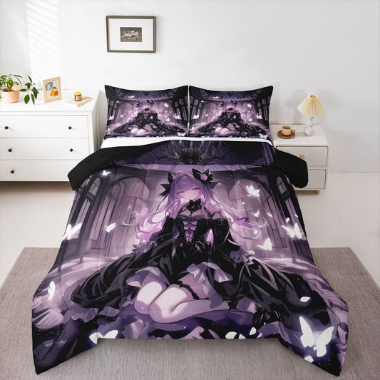 Erosebridal 3D Girly Kids Comforter Set | Japanese Girl Bedding Full Size Anime Gifts Down Comforter Purple Dreamy Butterfly Print Duvet Set for Bedroom