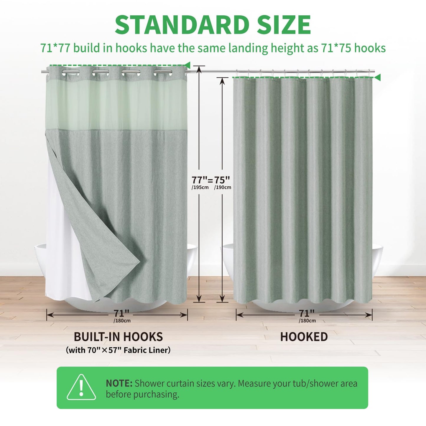 eachope No Hooks Needed Linen Textured Shower Curtain with Snap-in Fabric Liner Set,Sage Green Hotel Luxury Decor Shower Curtains for Bathroom,Water Repellent & Washable,71Wx77H