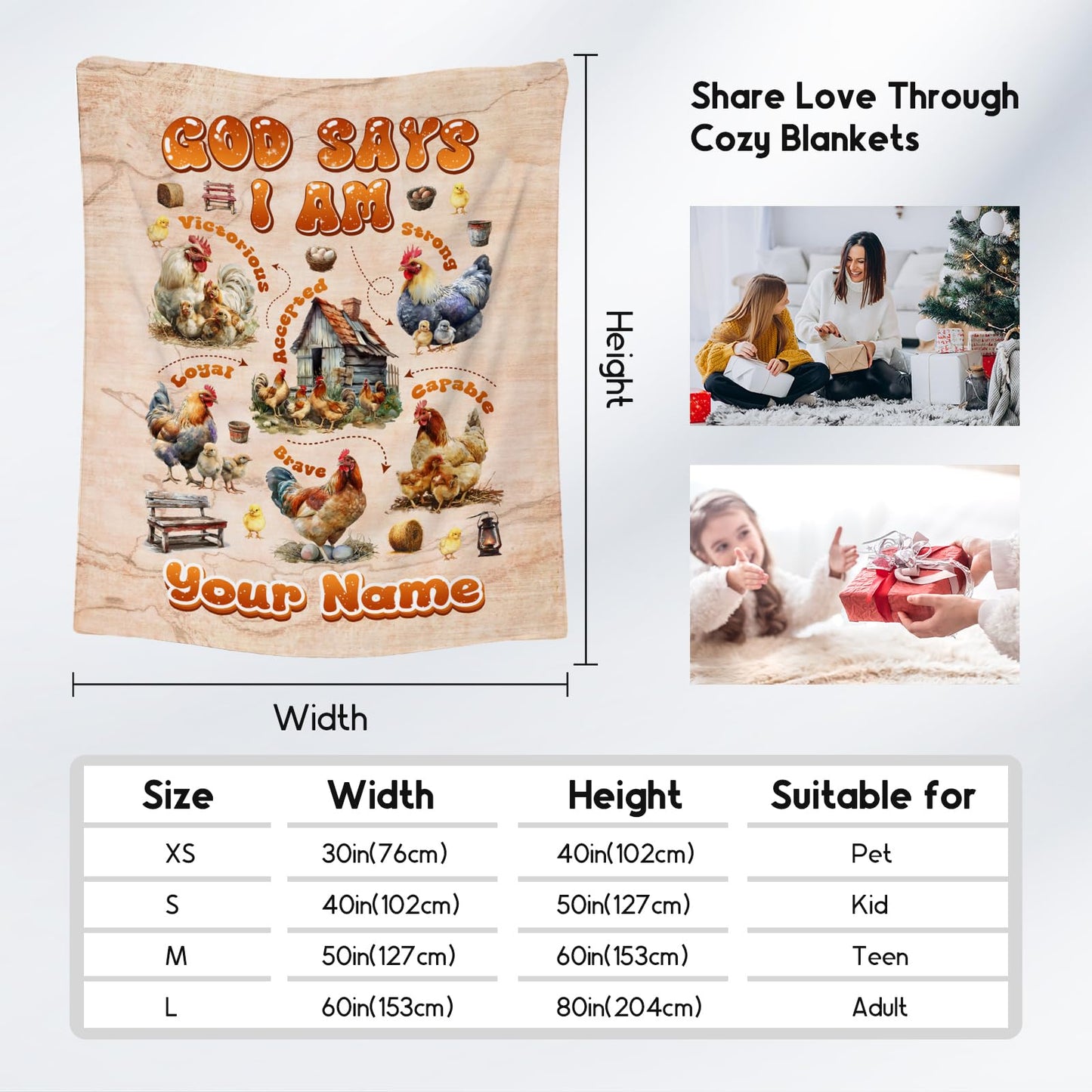 Custom Chicken Blanket with Name, Chicken Gifts for Women & Kids, Inspirational Fleece Throw Blanket, 50"x60"