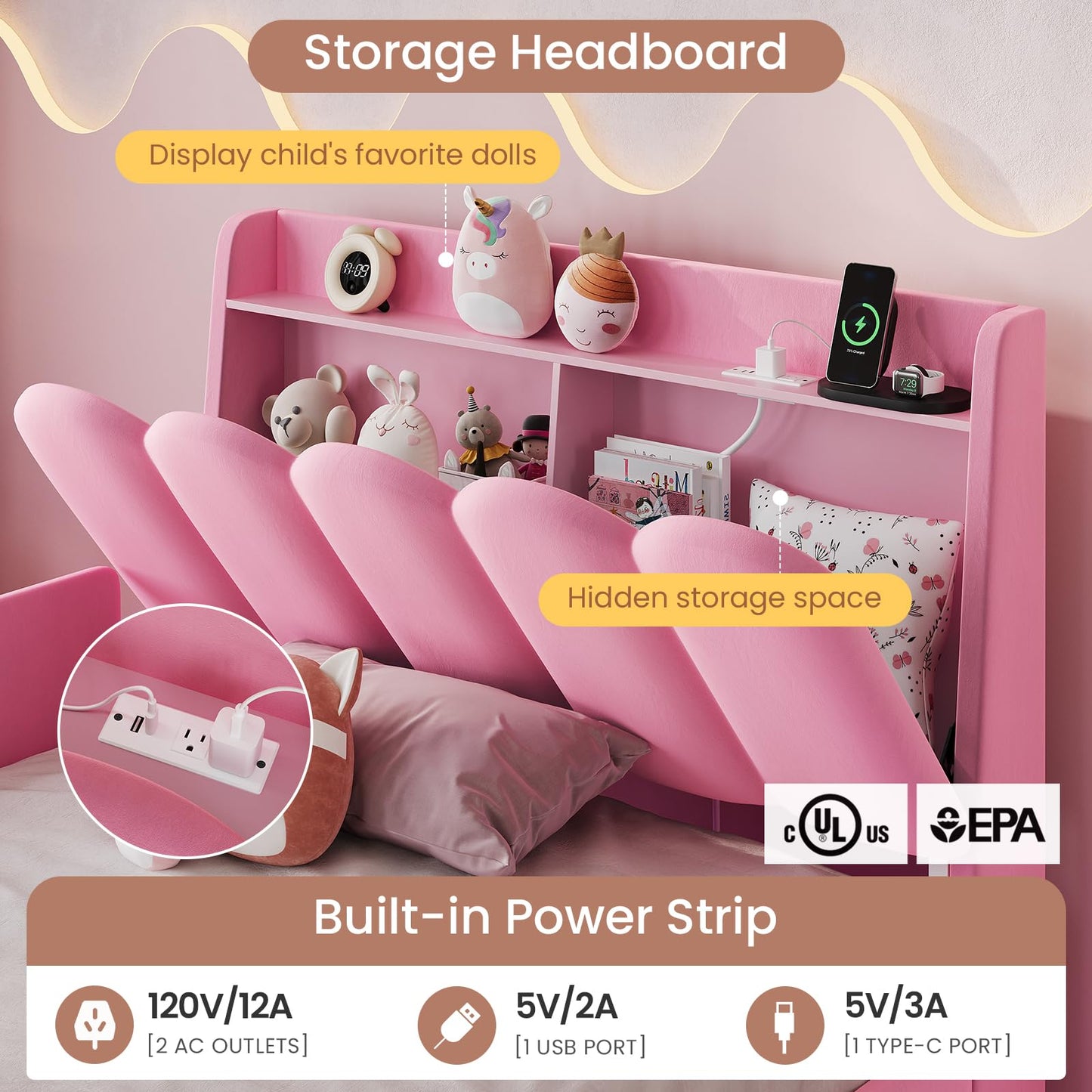 DICTAC Twin Size Princess Bed Frame with Storage Drawer and Safety Guardrails, LED Velvet Upholstered Platform Bed for Girls with Wavy Storage Headboard,Charging Station,Heavy Duty Metal Support, Pink