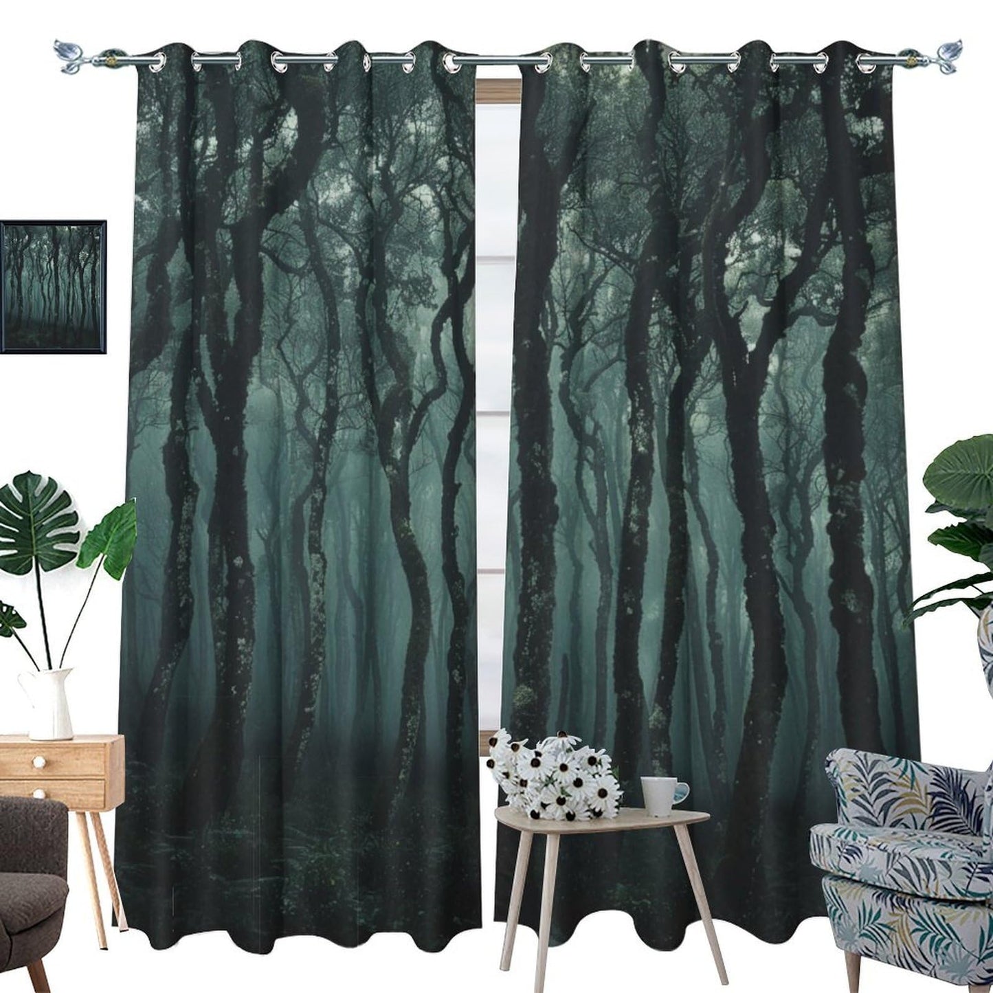 TOWINSFB Tree Forest Green Blackout Curtains for Bedroom/Living Room, Foggy Jungle Trunks Grommet Curtains Thermal Insulated Window Drapes, 2 Panels, Each 21W x 45L